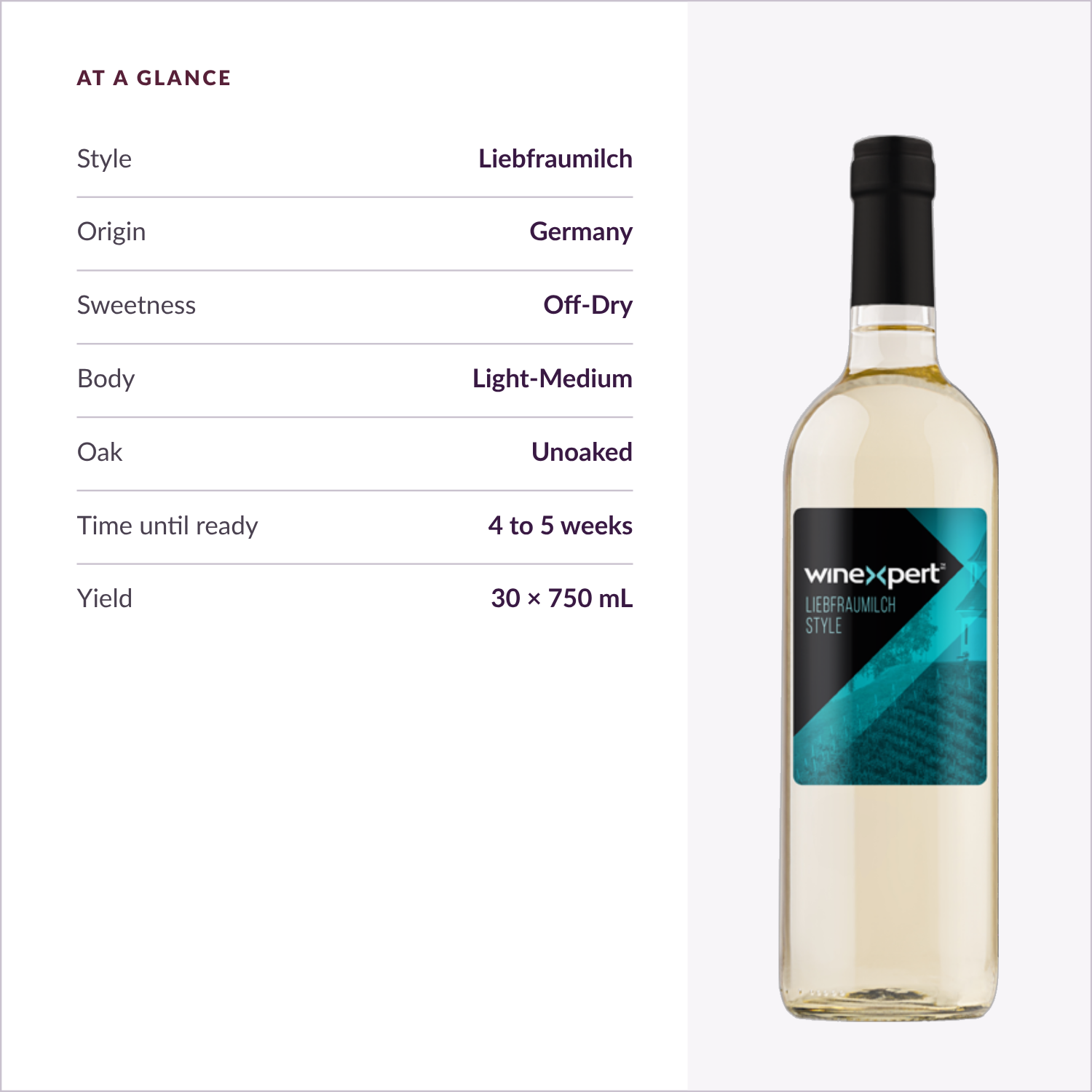 Winexpert Classic Liebfraumilch wine kit — at-a-glance spec card, Water'n'Wine Truro