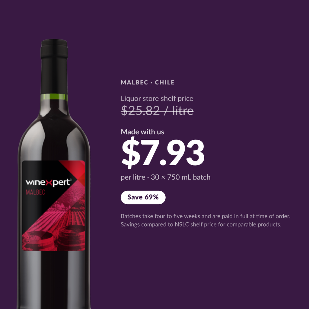 Winexpert Classic Malbec wine kit — per-litre savings vs liquor store shelf price, Water'n'Wine Truro