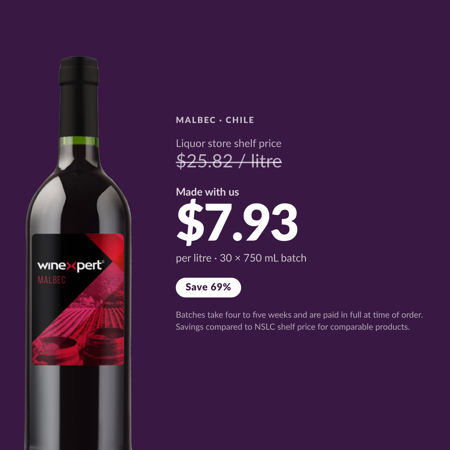 Winexpert Classic Malbec wine kit — per-litre savings vs liquor store shelf price, Water'n'Wine Truro