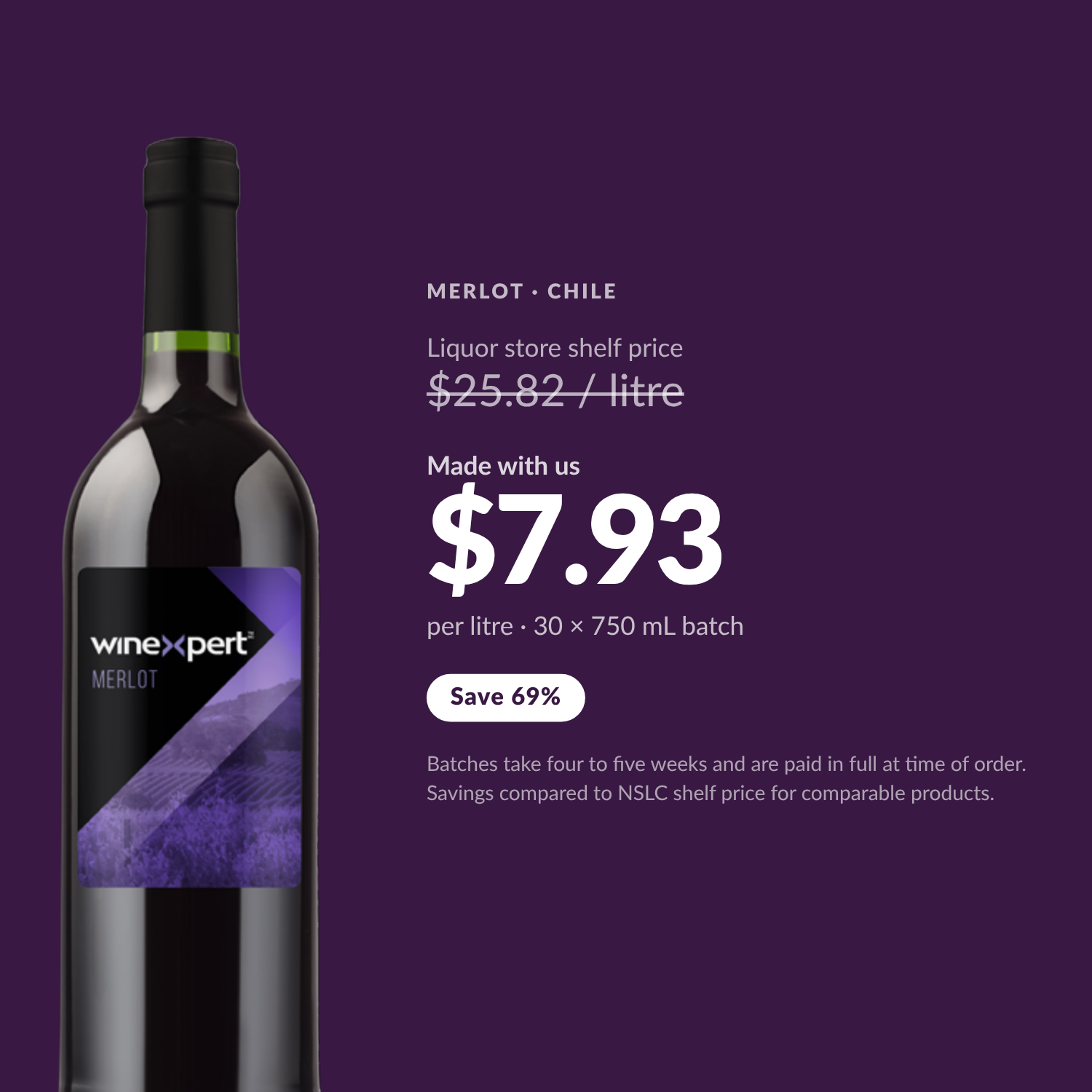 Winexpert Classic Merlot wine kit — per-litre savings vs liquor store shelf price, Water'n'Wine Truro