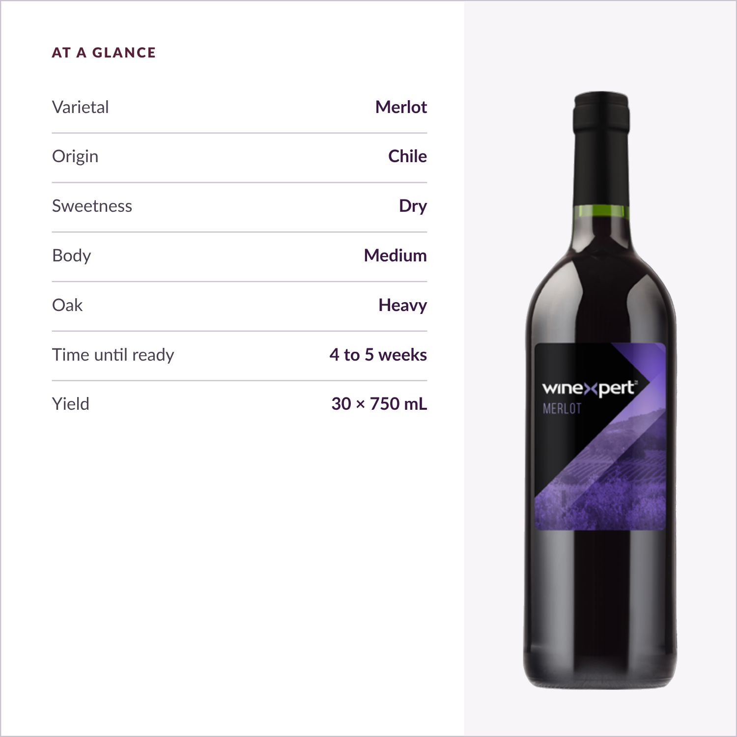 Winexpert Classic Merlot wine kit — at-a-glance spec card, Water'n'Wine Truro