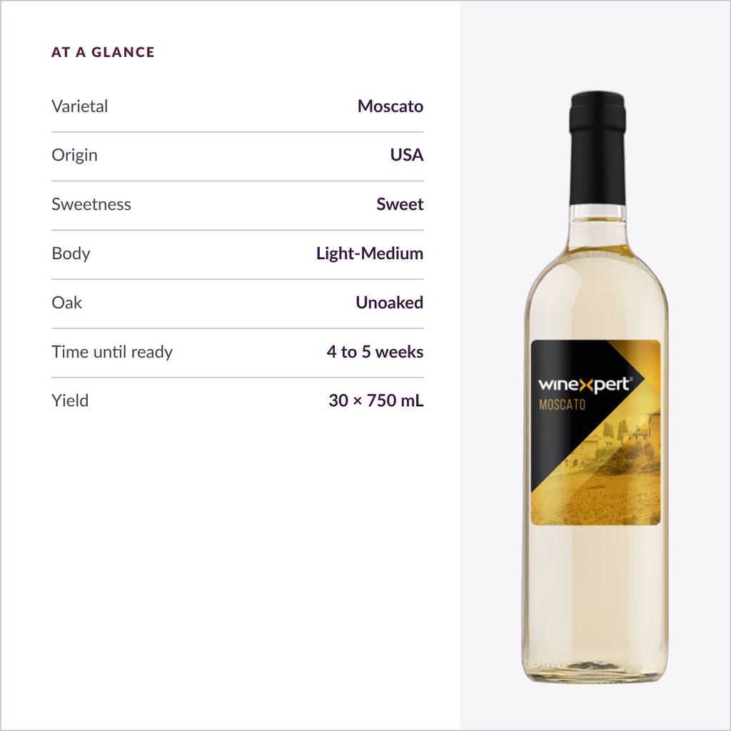 Winexpert Classic Moscato wine kit — at-a-glance spec card, Water'n'Wine Truro