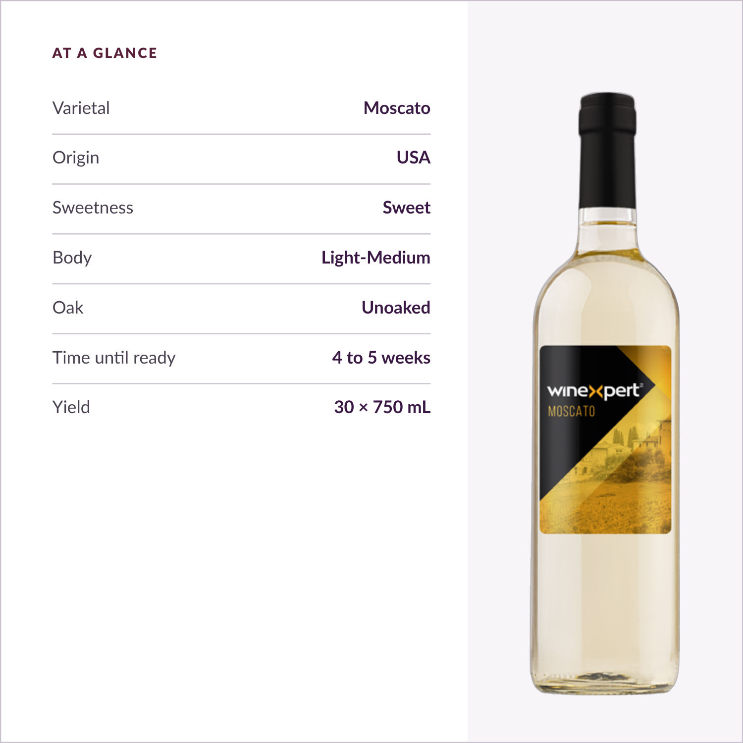Winexpert Classic Moscato wine kit — at-a-glance spec card, Water'n'Wine Truro