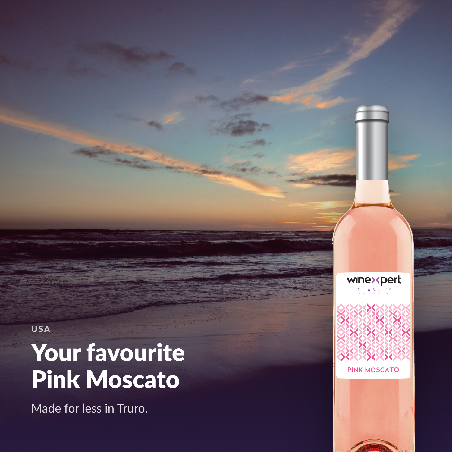 Winexpert Classic Pink Moscato wine kit — lifestyle photo with bottle, Water'n'Wine Truro