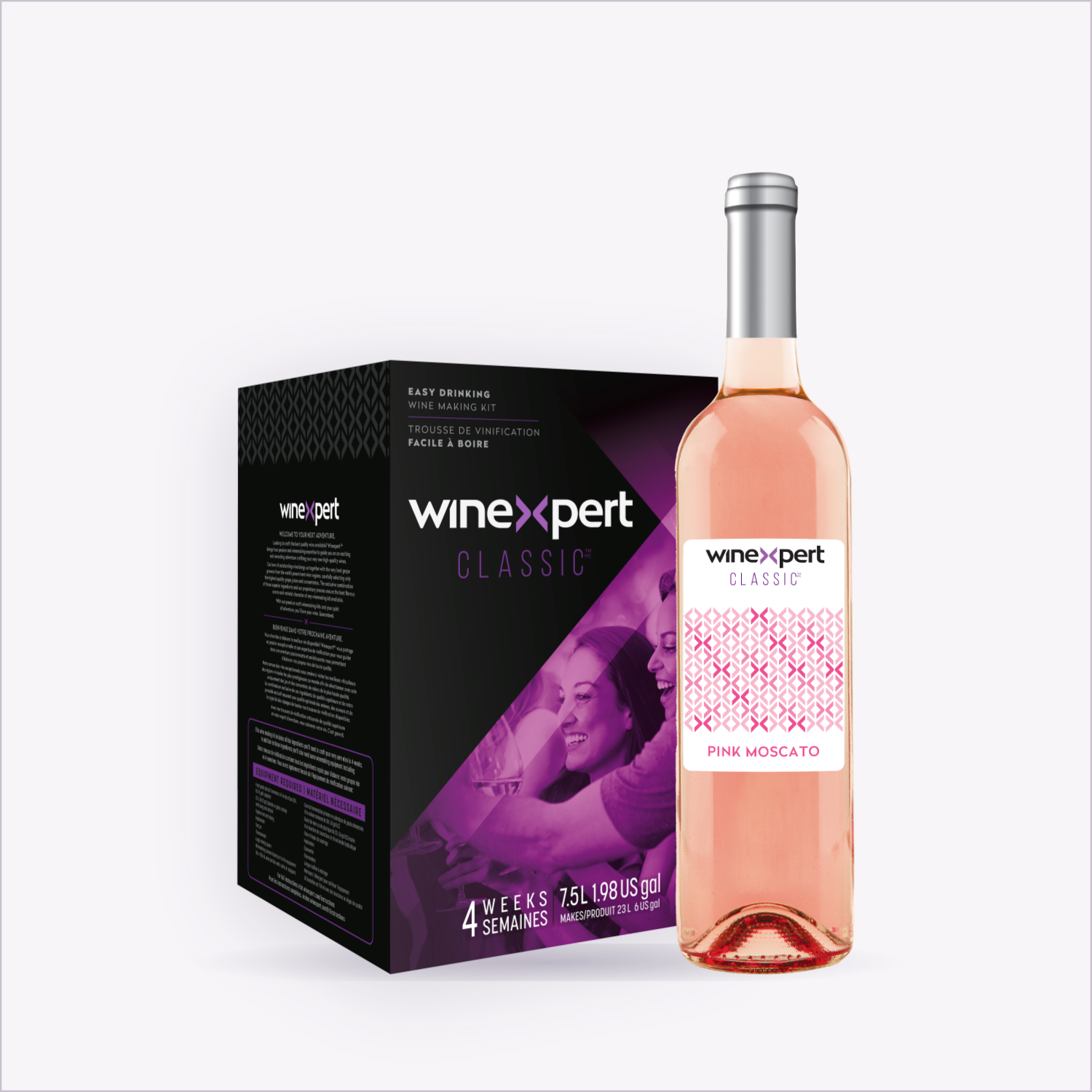 Winexpert Classic Pink Moscato wine kit — kit box and finished bottle, Water'n'Wine Truro