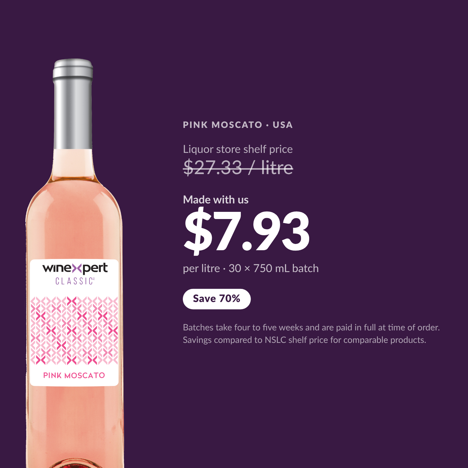 Winexpert Classic Pink Moscato wine kit — per-litre savings vs liquor store shelf price, Water'n'Wine Truro
