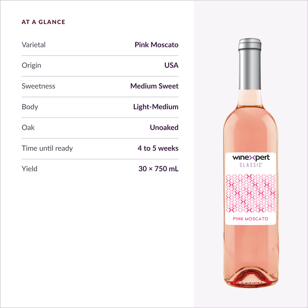 Winexpert Classic Pink Moscato wine kit — at-a-glance spec card, Water'n'Wine Truro