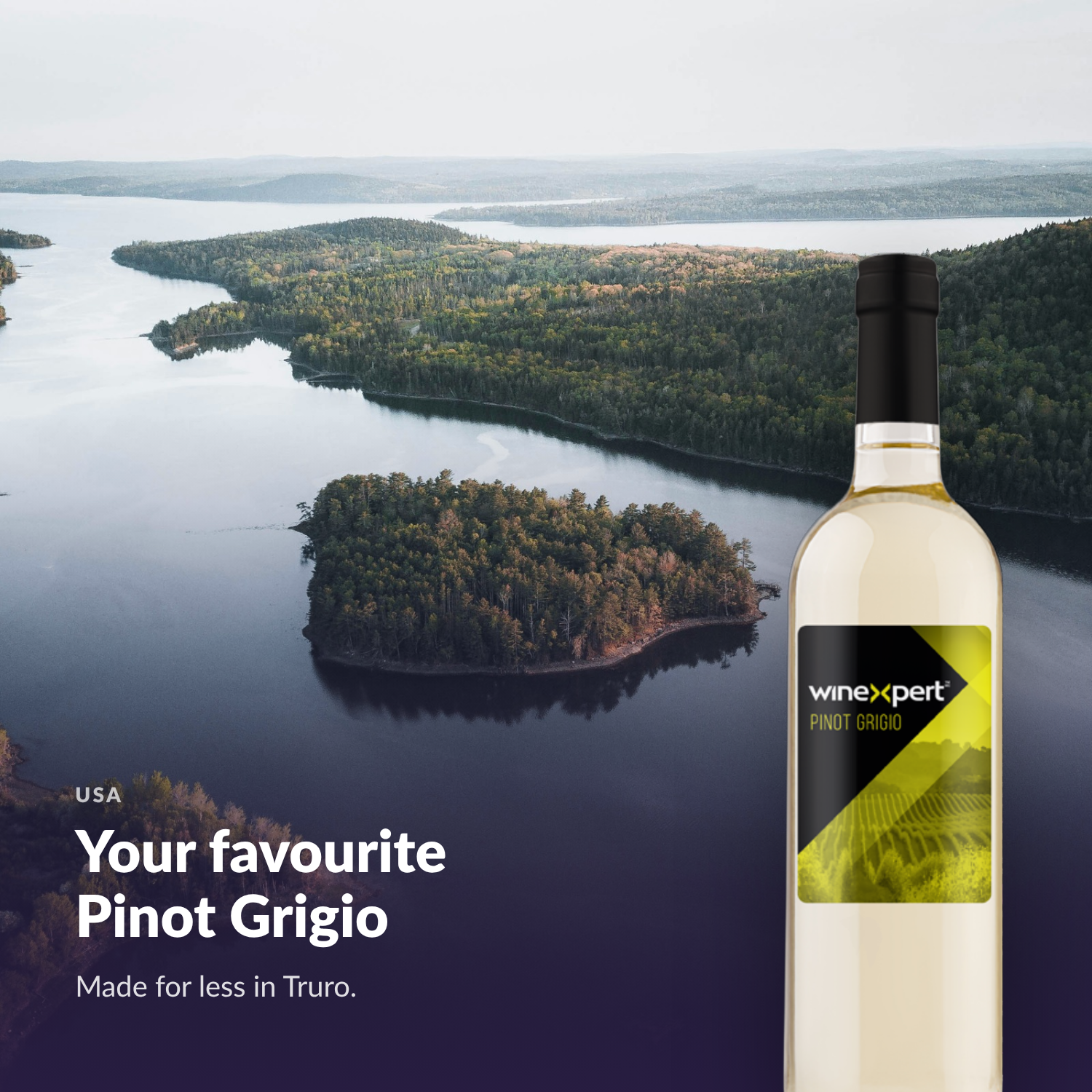 Winexpert Classic Pinot Grigio wine kit — lifestyle photo with bottle, Water'n'Wine Truro