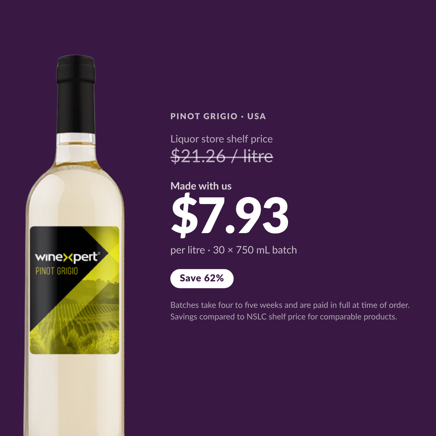 Winexpert Classic Pinot Grigio wine kit — per-litre savings vs liquor store shelf price, Water'n'Wine Truro