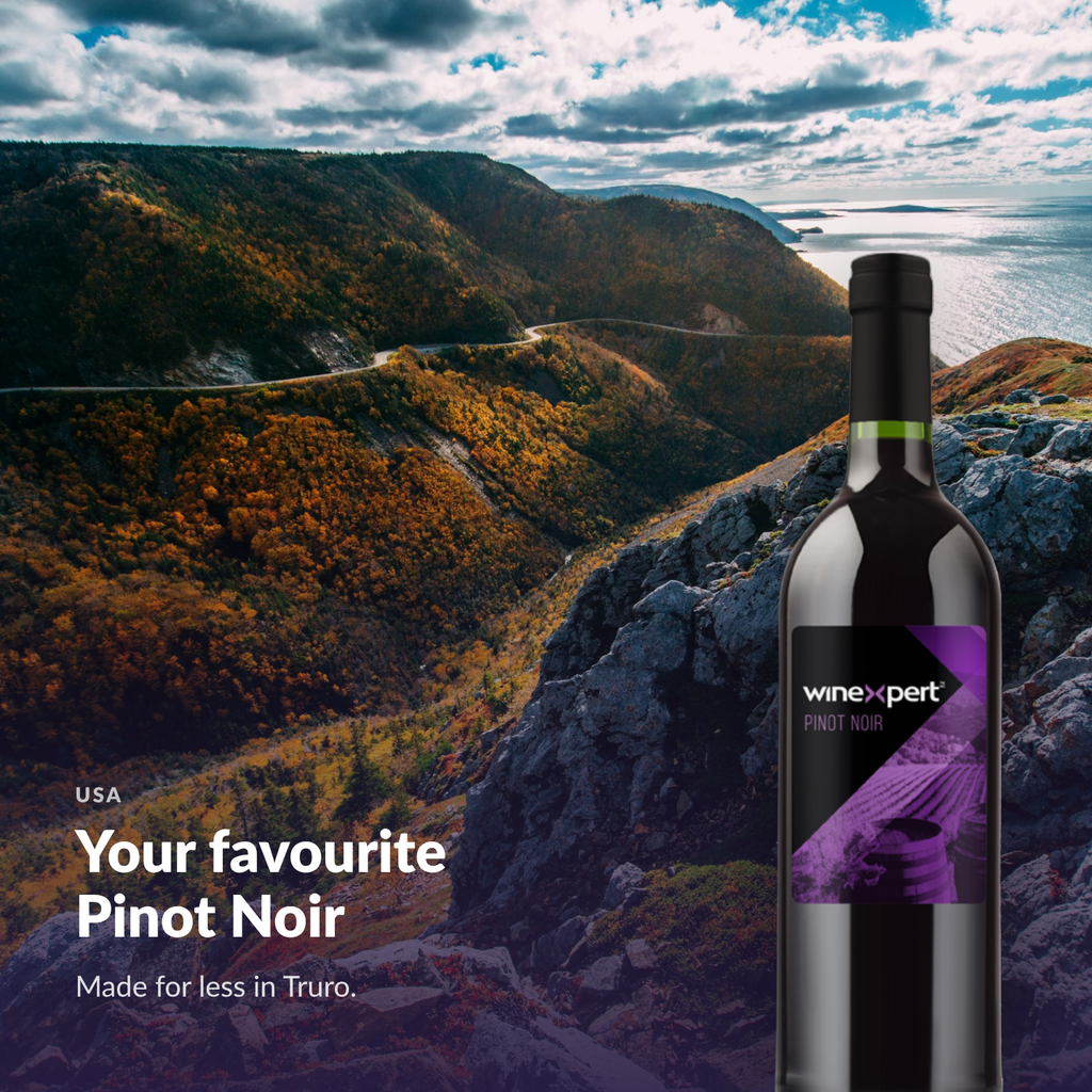 Winexpert Classic Pinot Noir wine kit — lifestyle photo with bottle, Water'n'Wine Truro