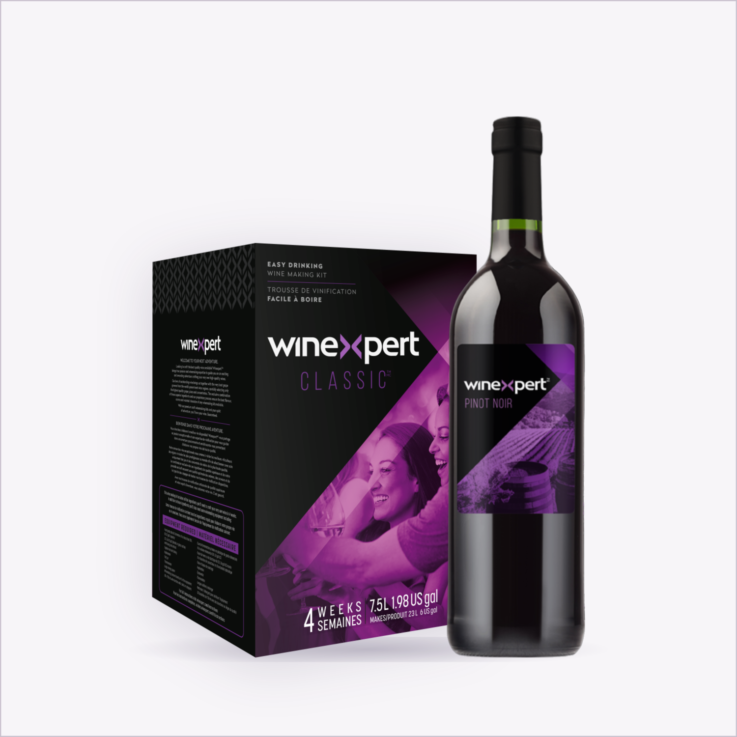 Winexpert Classic Pinot Noir wine kit — kit box and finished bottle, Water'n'Wine Truro