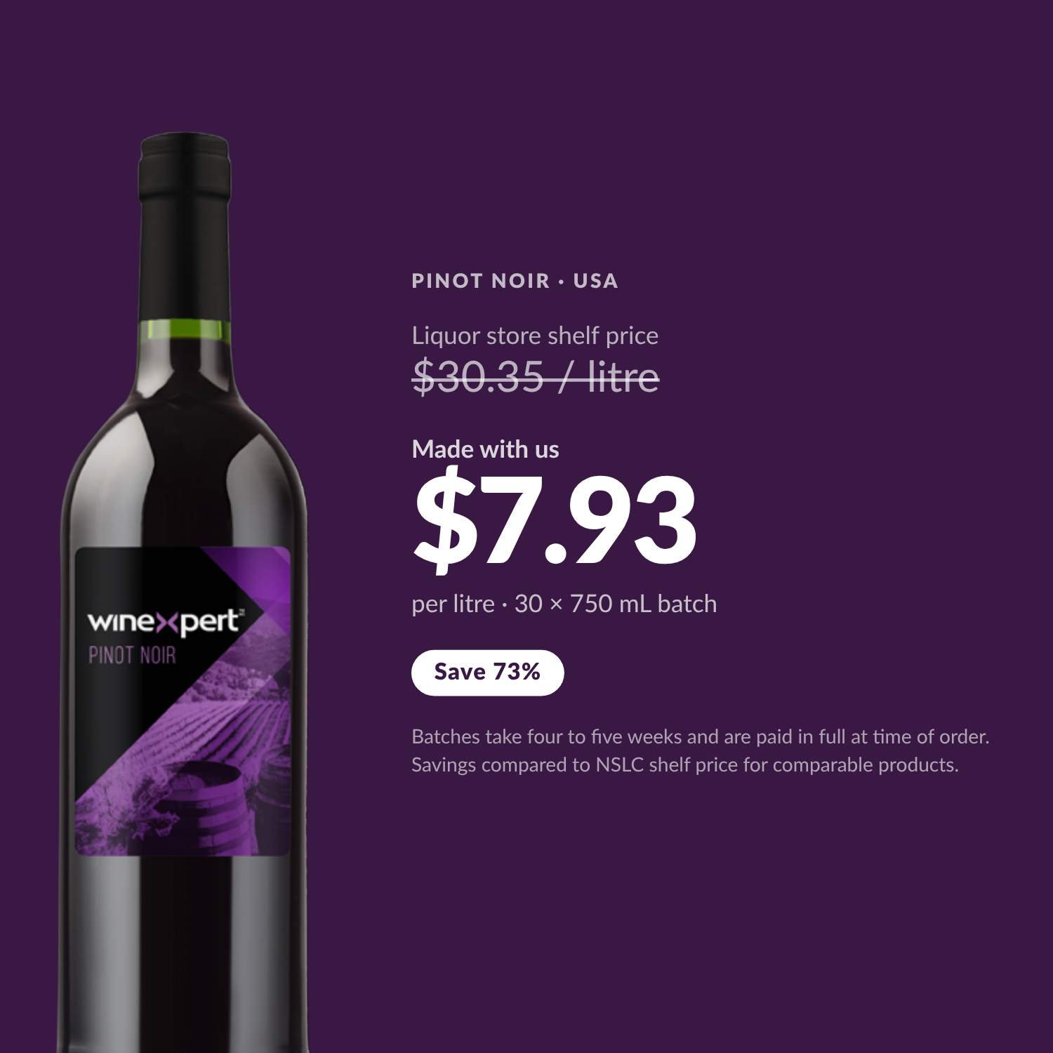 Winexpert Classic Pinot Noir wine kit — per-litre savings vs liquor store shelf price, Water'n'Wine Truro