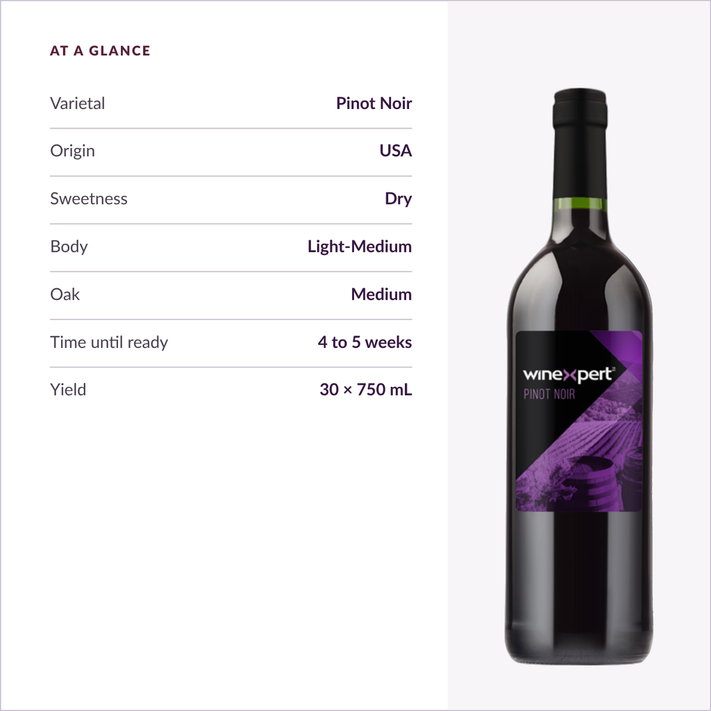 Winexpert Classic Pinot Noir wine kit — at-a-glance spec card, Water'n'Wine Truro