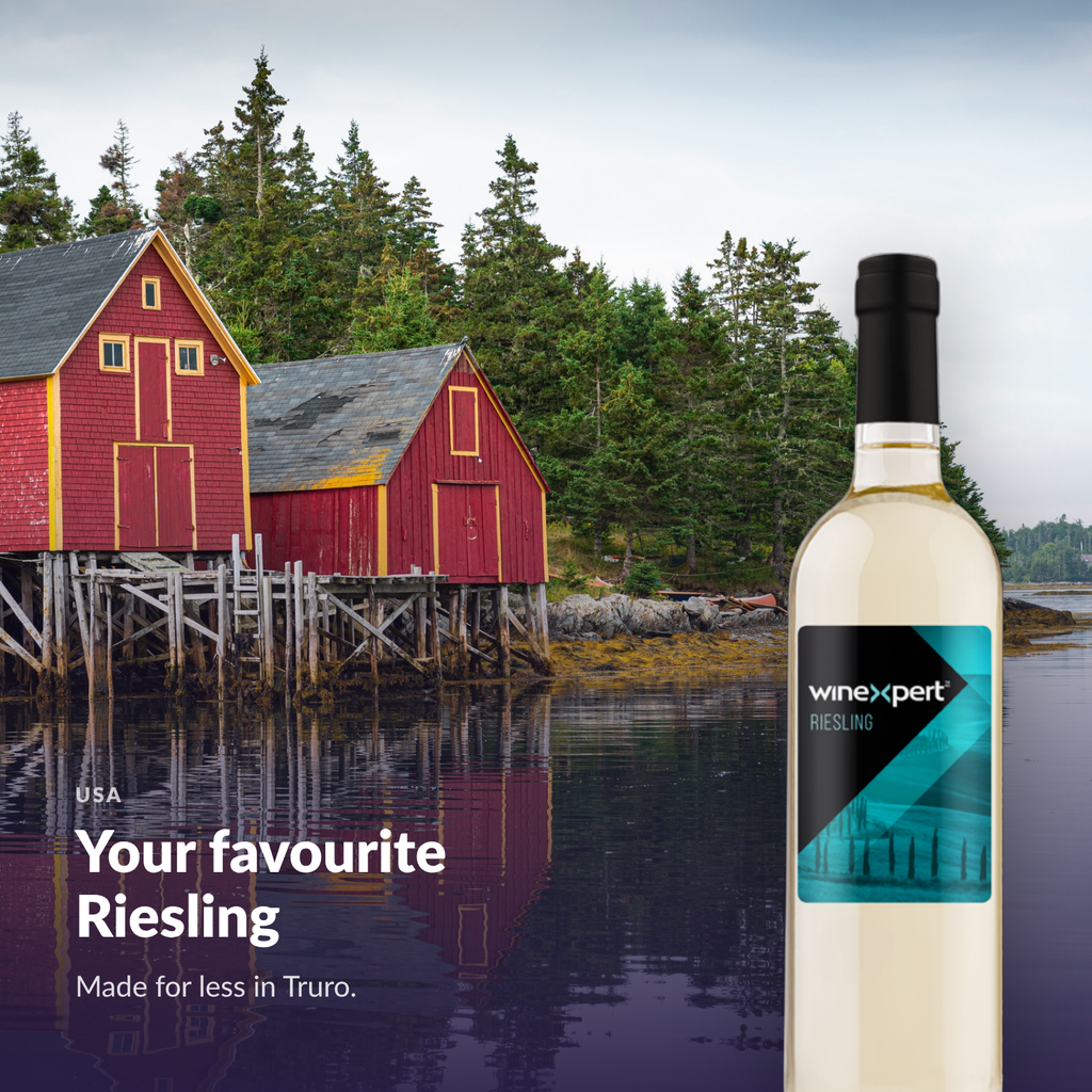 Winexpert Classic Riesling wine kit — lifestyle photo with bottle, Water'n'Wine Truro