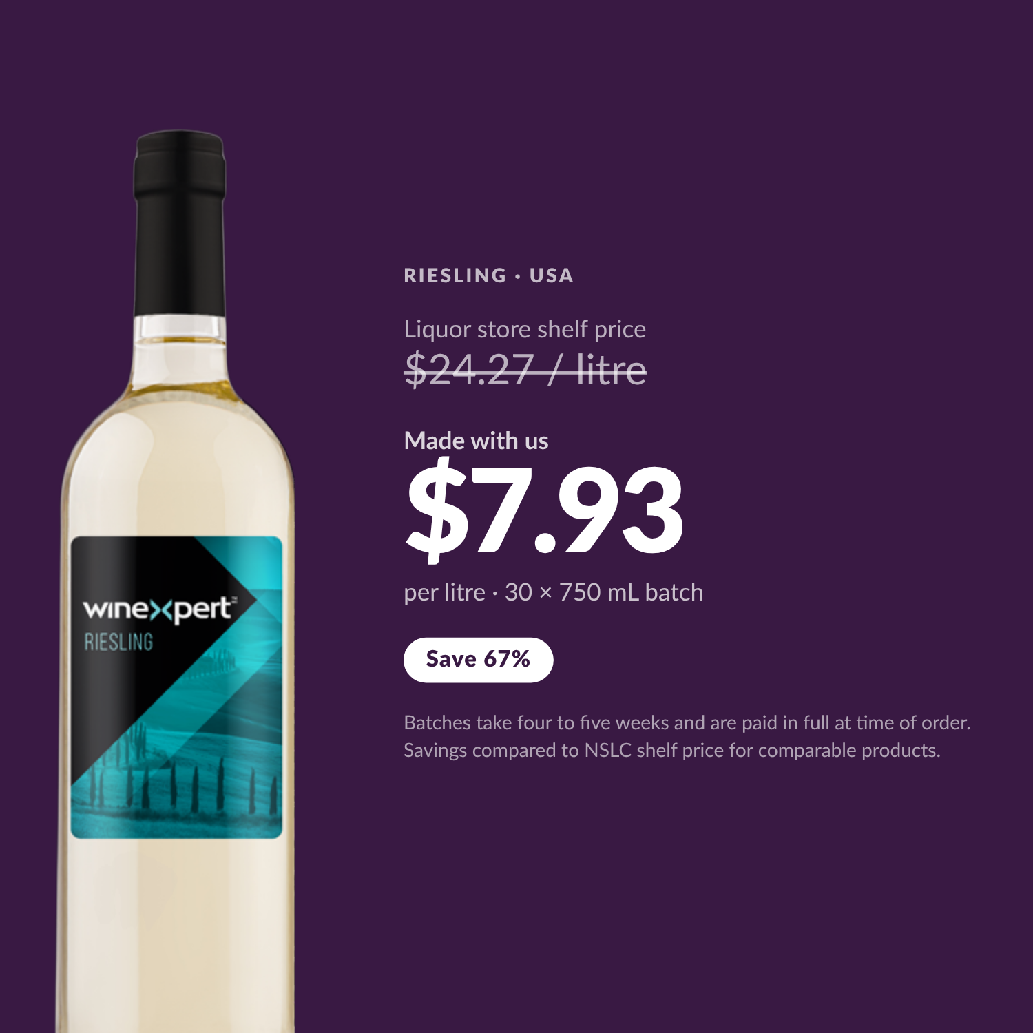 Winexpert Classic Riesling wine kit — per-litre savings vs liquor store shelf price, Water'n'Wine Truro