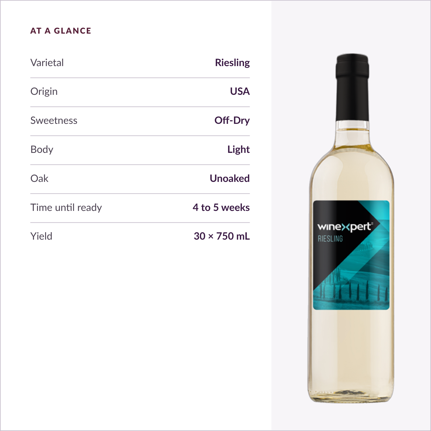 Winexpert Classic Riesling wine kit — at-a-glance spec card, Water'n'Wine Truro