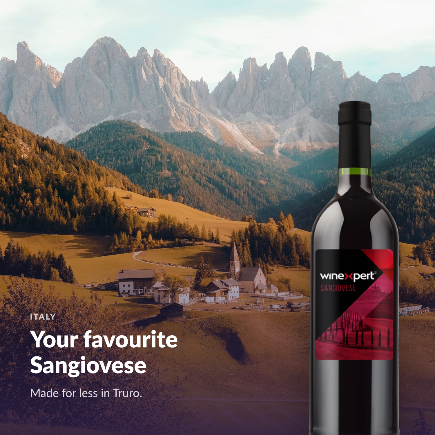 Winexpert Classic Sangiovese wine kit — lifestyle photo with bottle, Water'n'Wine Truro