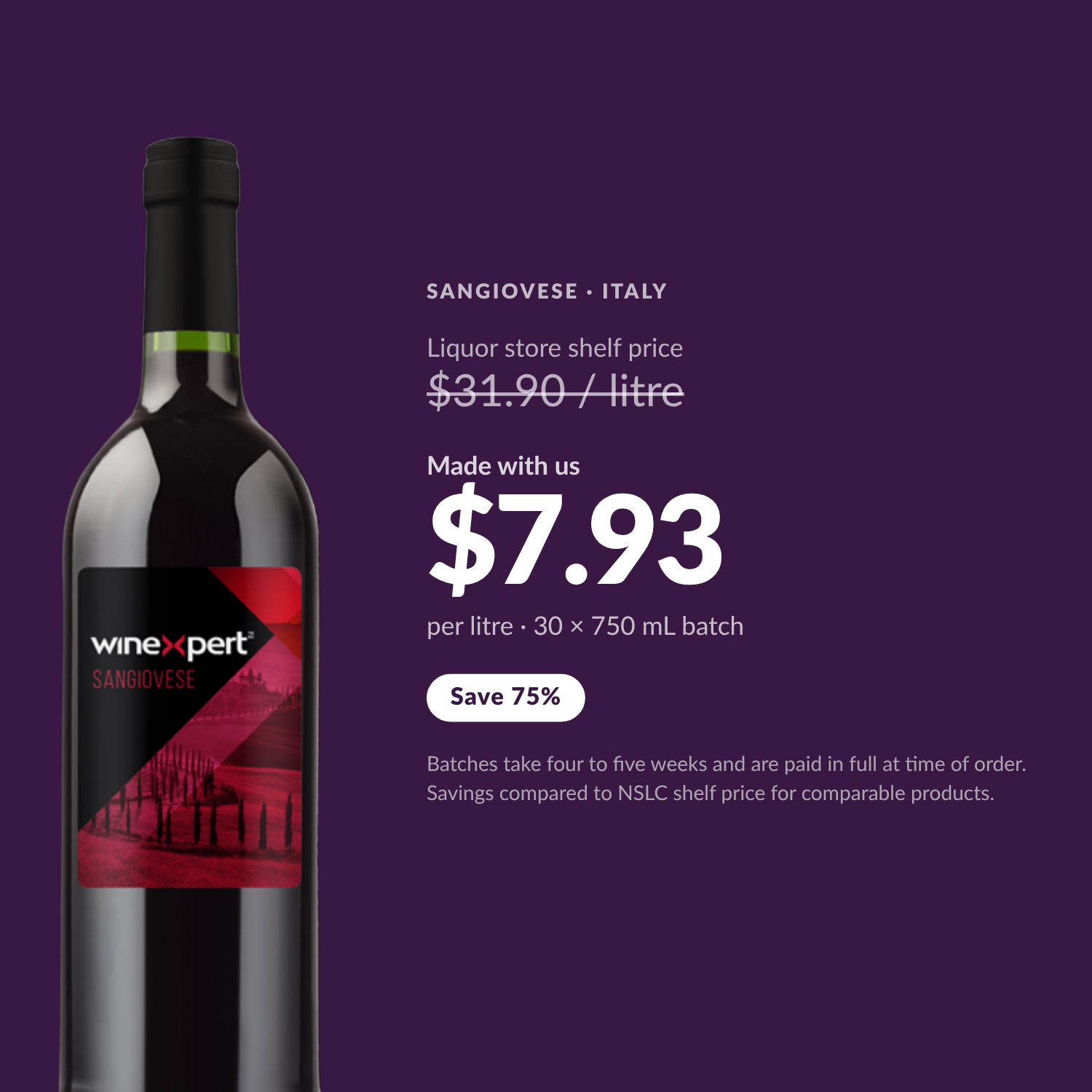 Winexpert Classic Sangiovese wine kit — per-litre savings vs liquor store shelf price, Water'n'Wine Truro