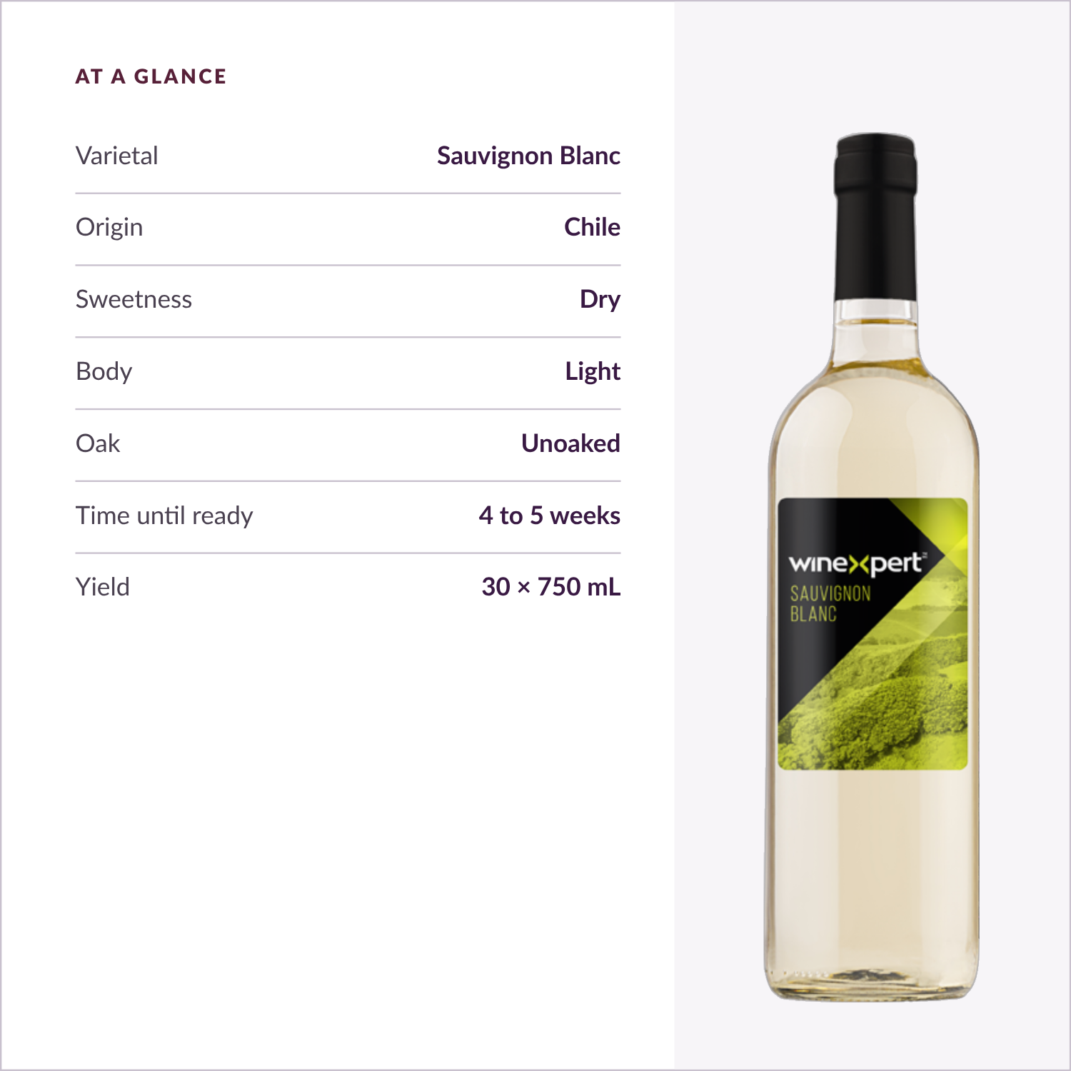 Winexpert Classic Sauvignon Blanc wine kit — at-a-glance spec card, Water'n'Wine Truro