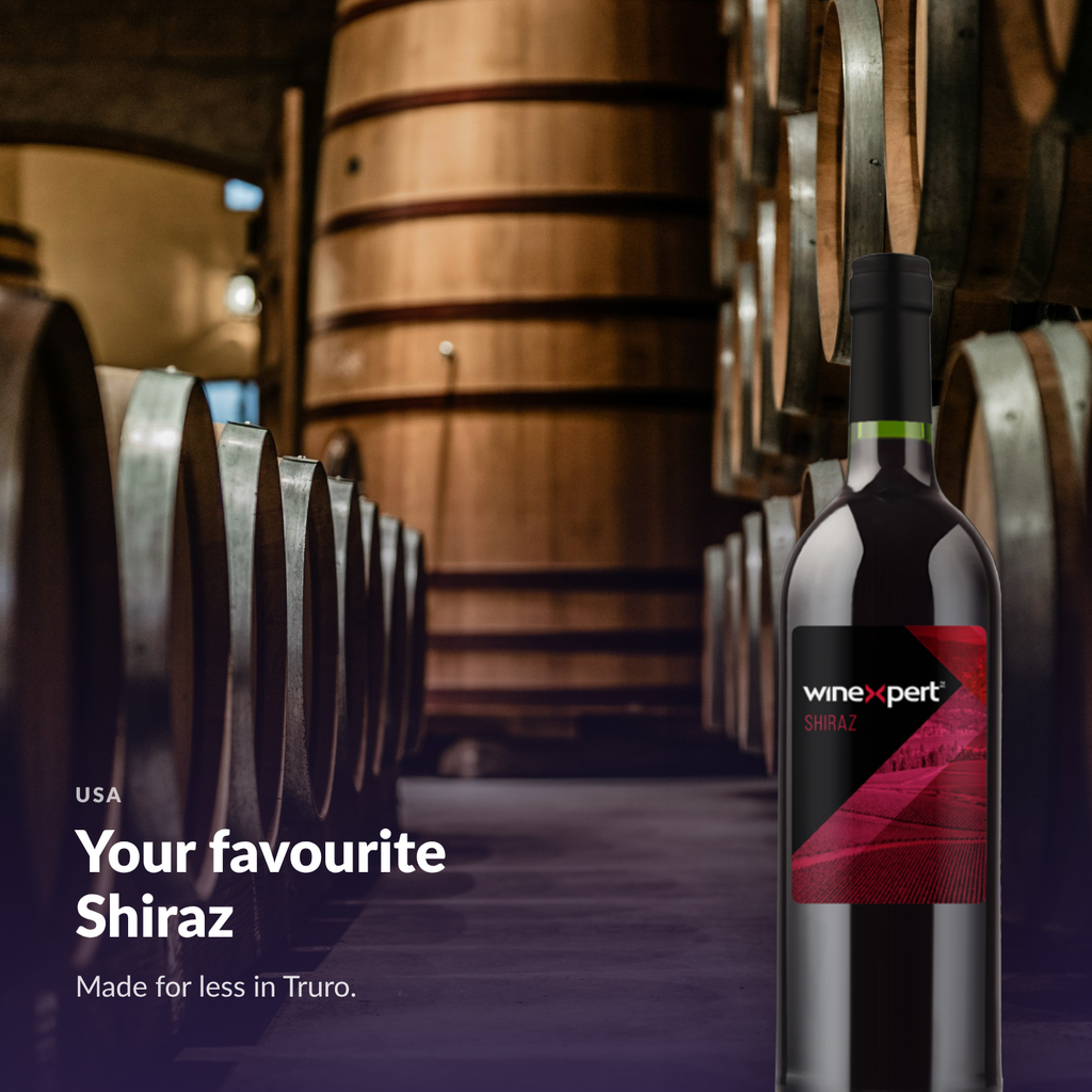 Winexpert Classic Shiraz wine kit — lifestyle photo with bottle, Water'n'Wine Truro