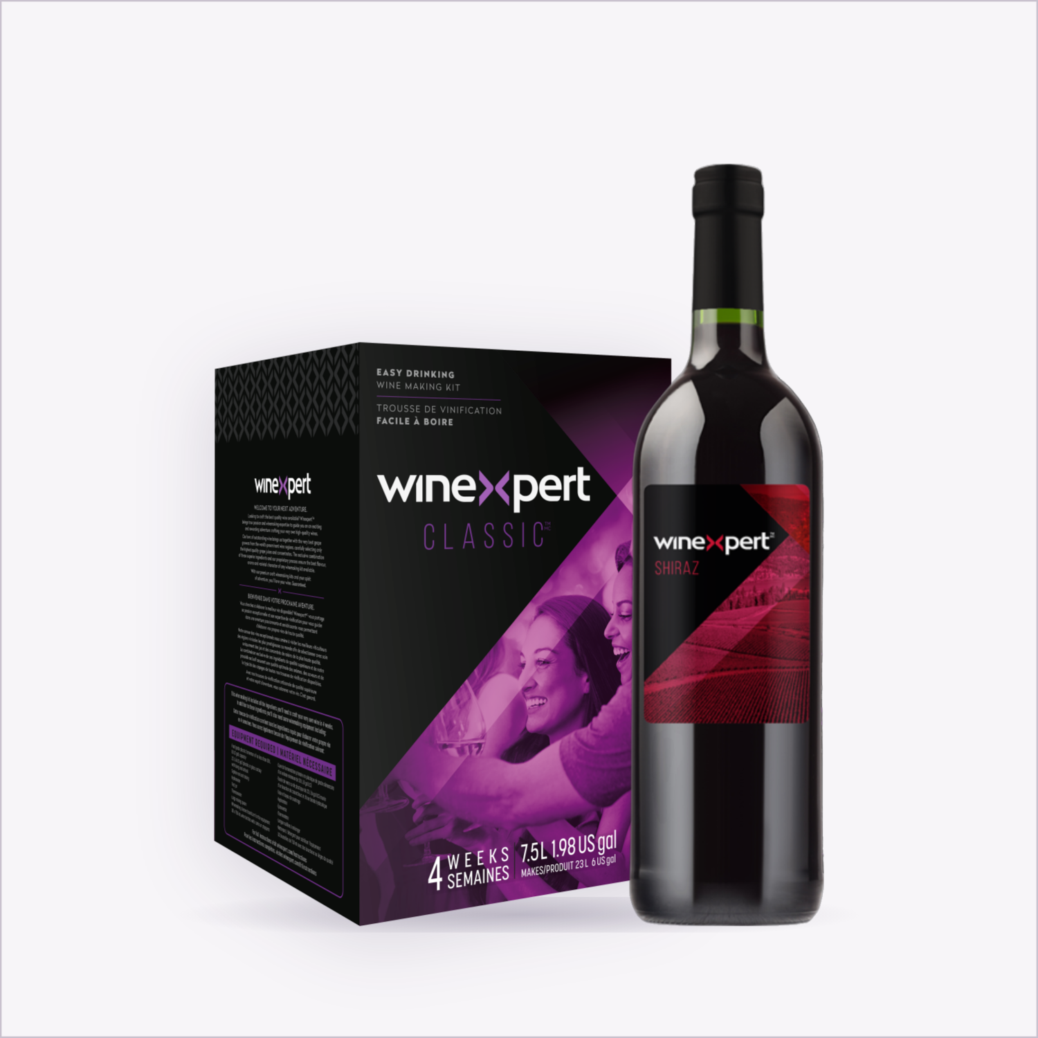 Winexpert Classic Shiraz wine kit — kit box and finished bottle, Water'n'Wine Truro