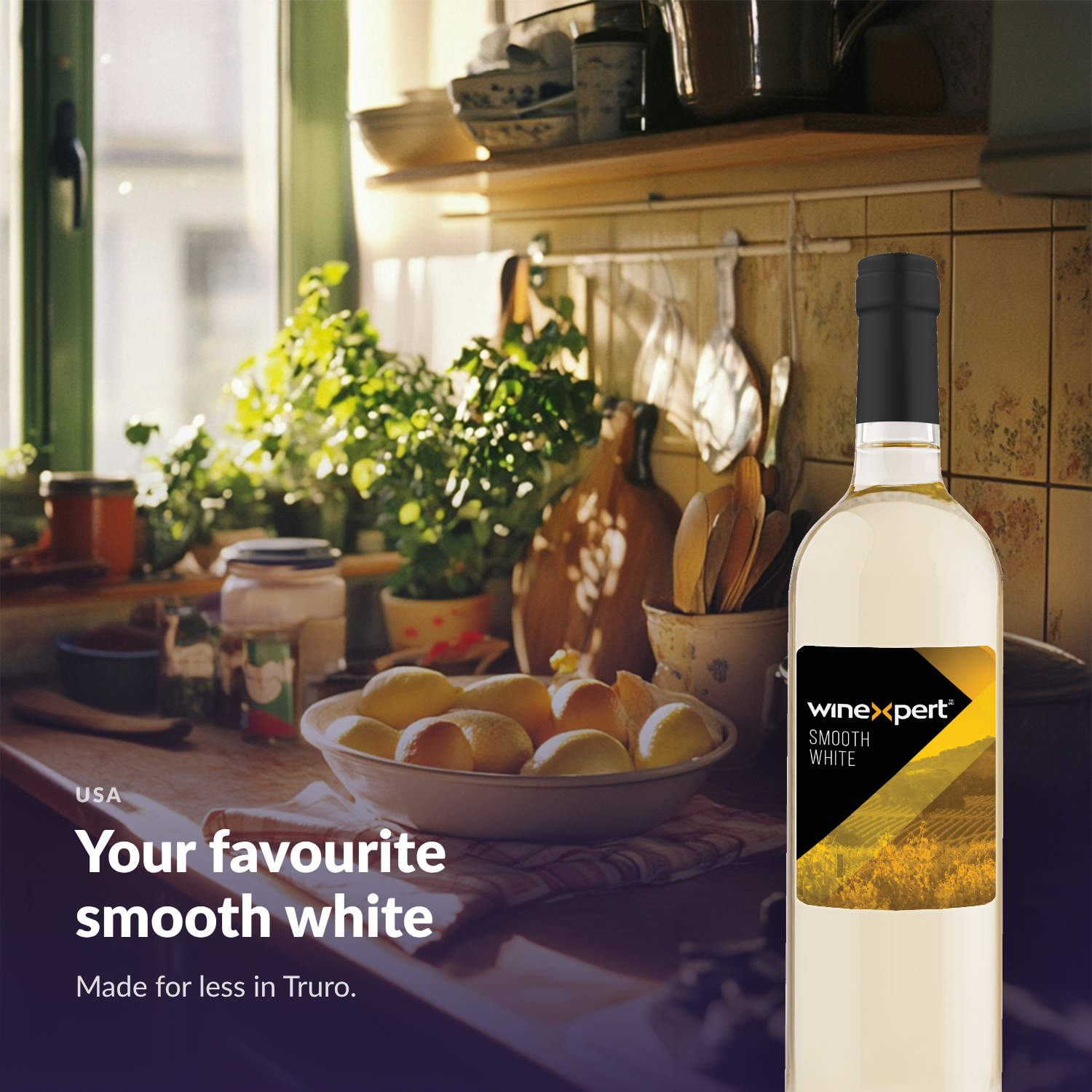 Winexpert Classic Smooth White wine kit — lifestyle photo with bottle, Water'n'Wine Truro