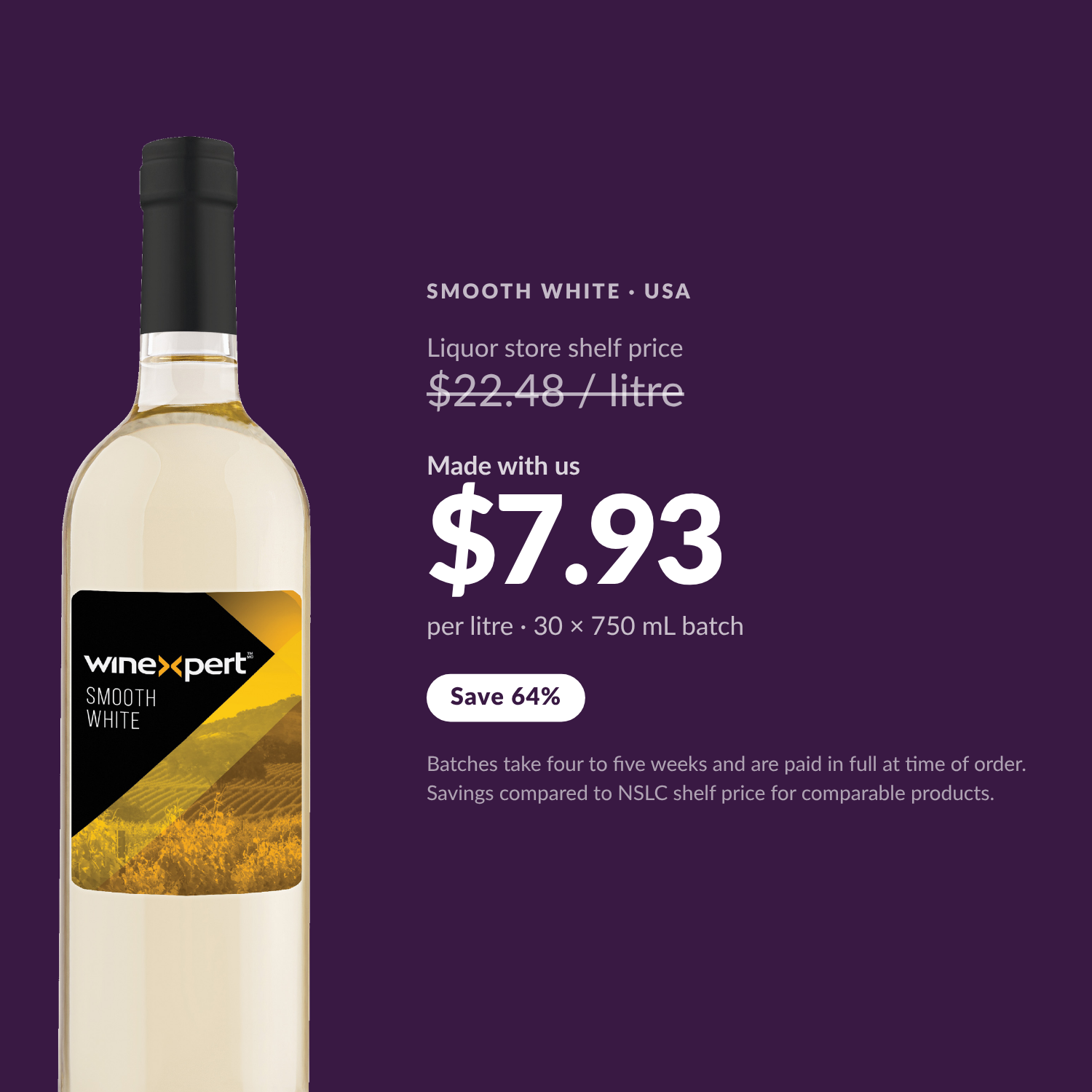 Winexpert Classic Smooth White wine kit — per-litre savings vs liquor store shelf price, Water'n'Wine Truro