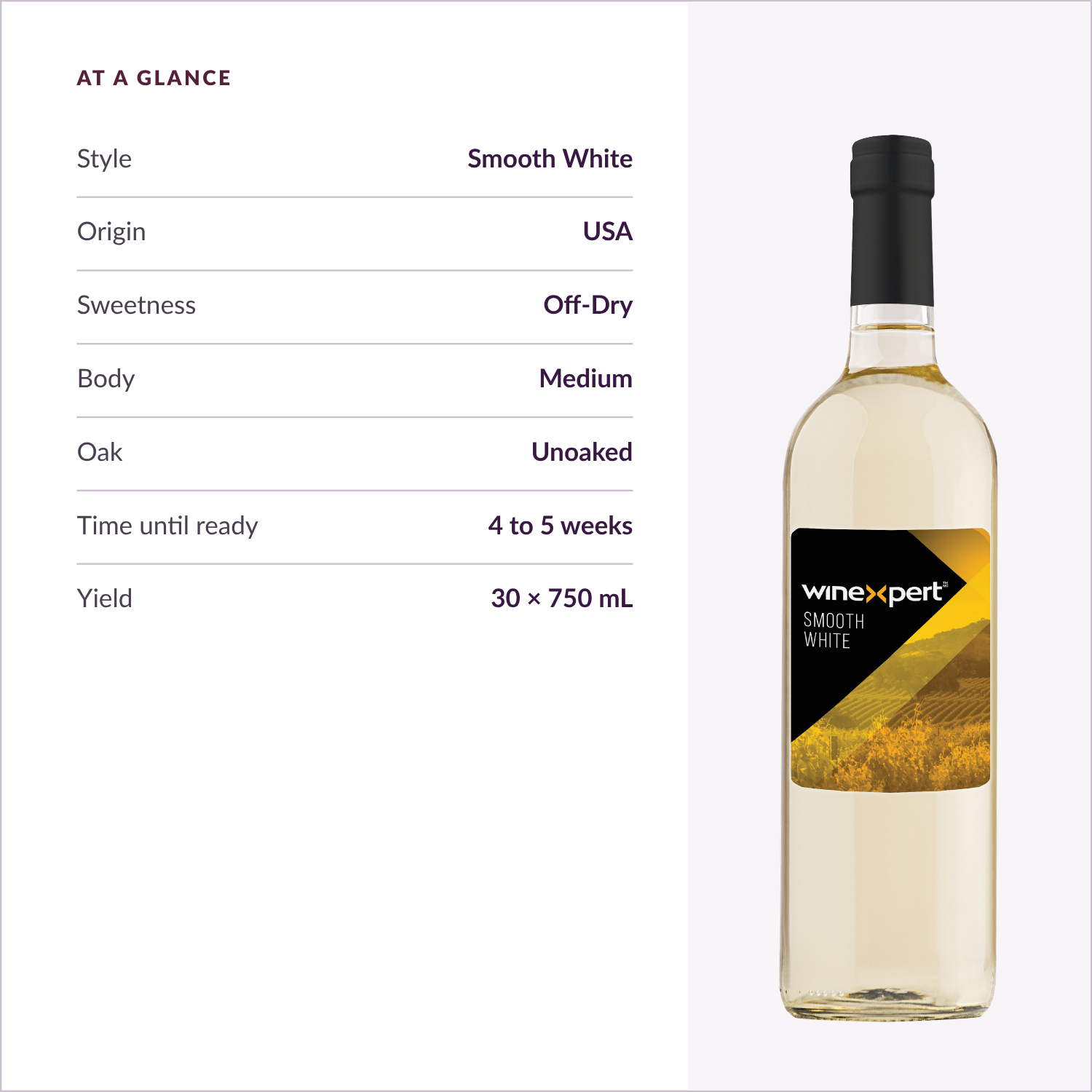 Winexpert Classic Smooth White wine kit — at-a-glance spec card, Water'n'Wine Truro