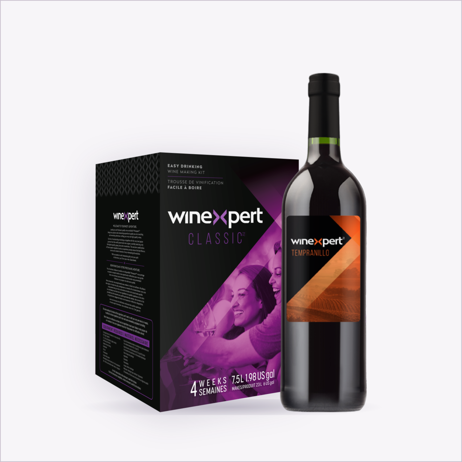 Winexpert Classic Tempranillo wine kit — kit box and finished bottle, Water'n'Wine Truro