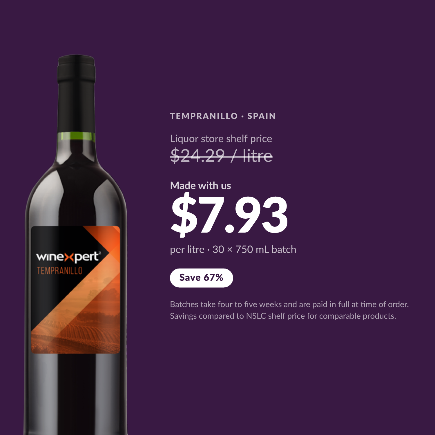 Winexpert Classic Tempranillo wine kit — per-litre savings vs liquor store shelf price, Water'n'Wine Truro
