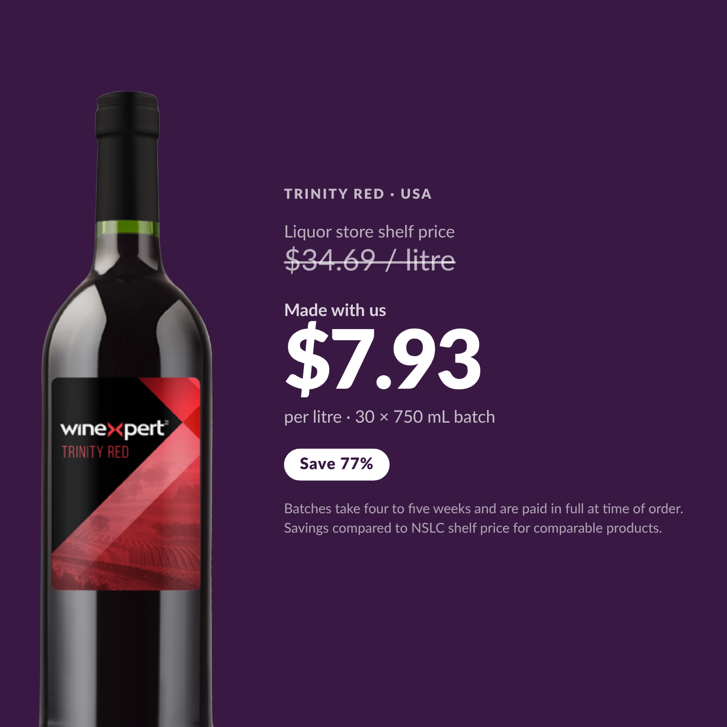 Winexpert Classic Trinity Red wine kit — per-litre savings vs liquor store shelf price, Water'n'Wine Truro