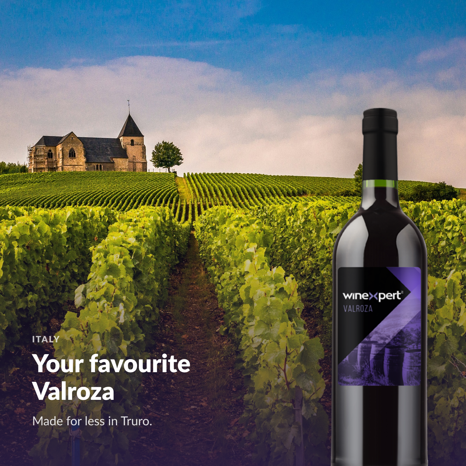 Winexpert Classic Valroza wine kit — lifestyle photo with bottle, Water'n'Wine Truro