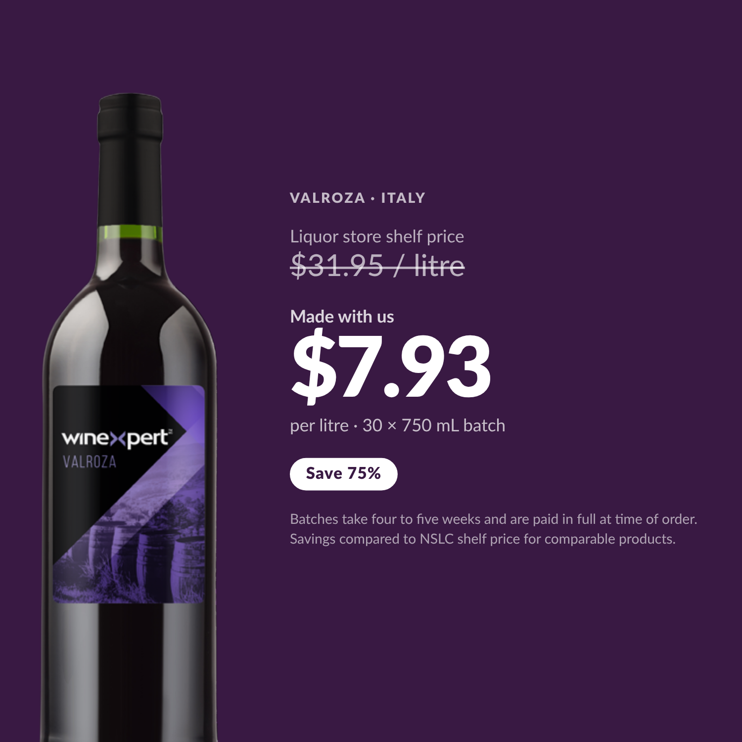 Winexpert Classic Valroza wine kit — per-litre savings vs liquor store shelf price, Water'n'Wine Truro