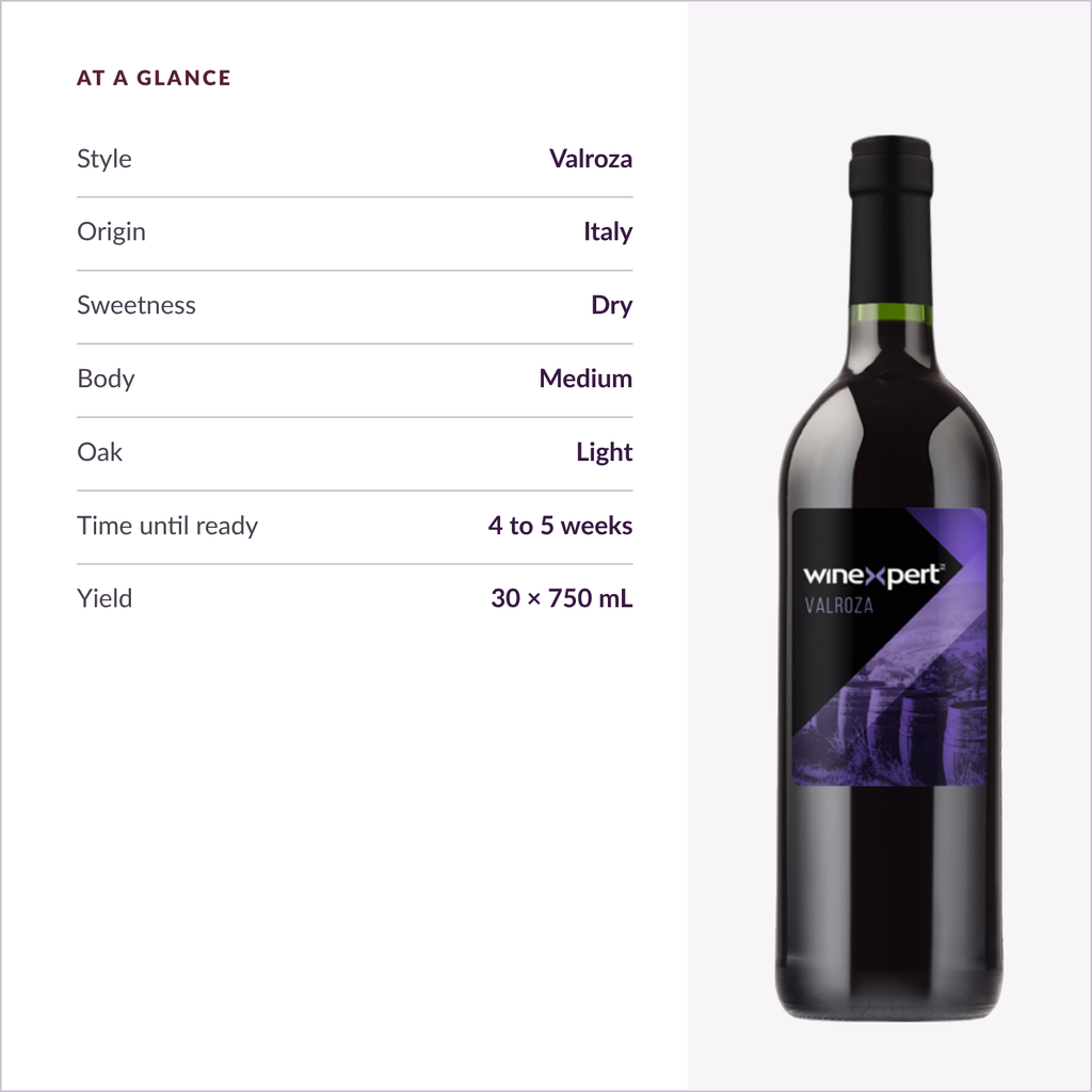 Winexpert Classic Valroza wine kit — at-a-glance spec card, Water'n'Wine Truro