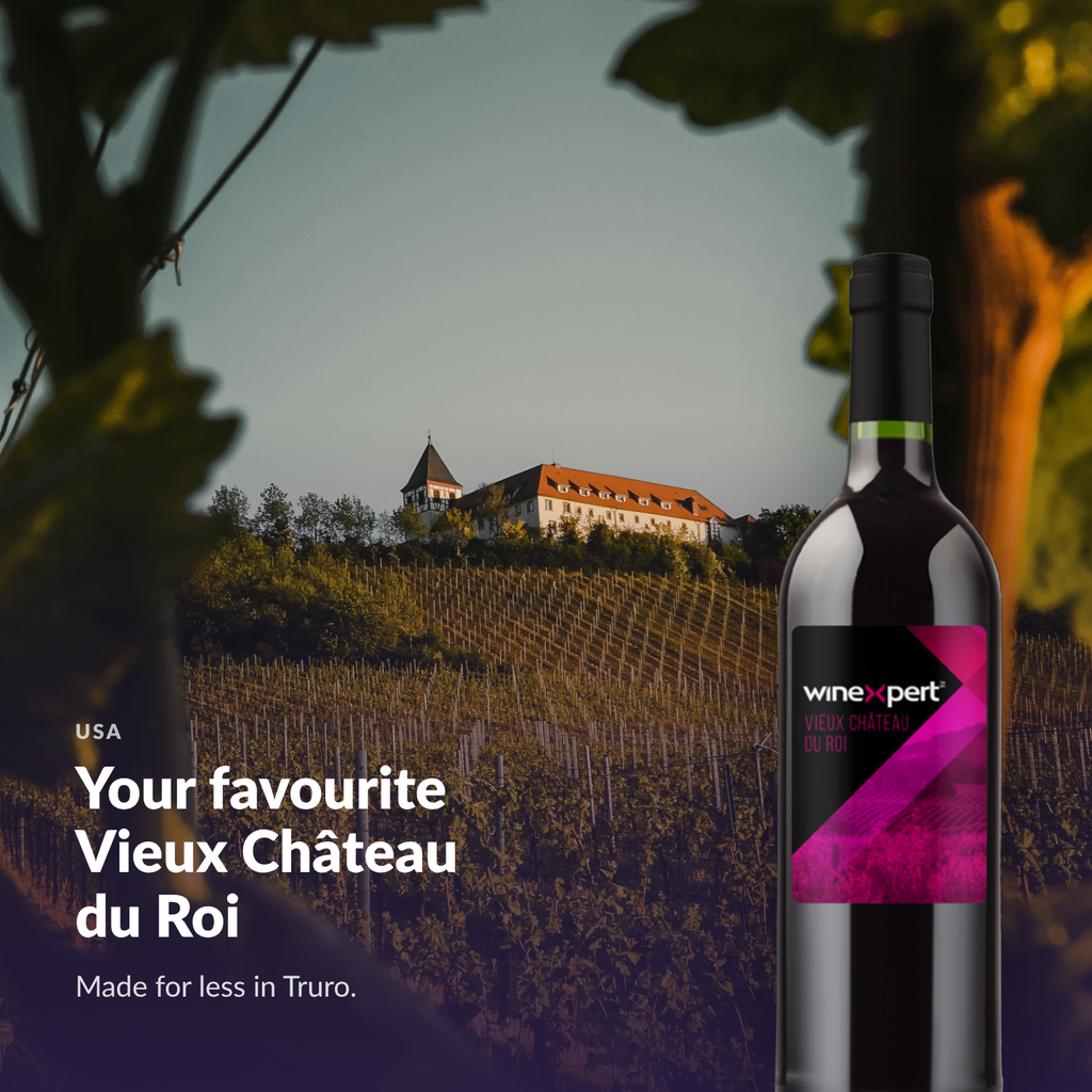 Winexpert Classic Vieux Château du Roi wine kit — lifestyle photo with bottle, Water'n'Wine Truro