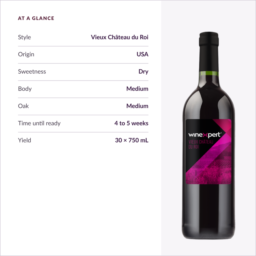 Winexpert Classic Vieux Château du Roi wine kit — at-a-glance spec card, Water'n'Wine Truro