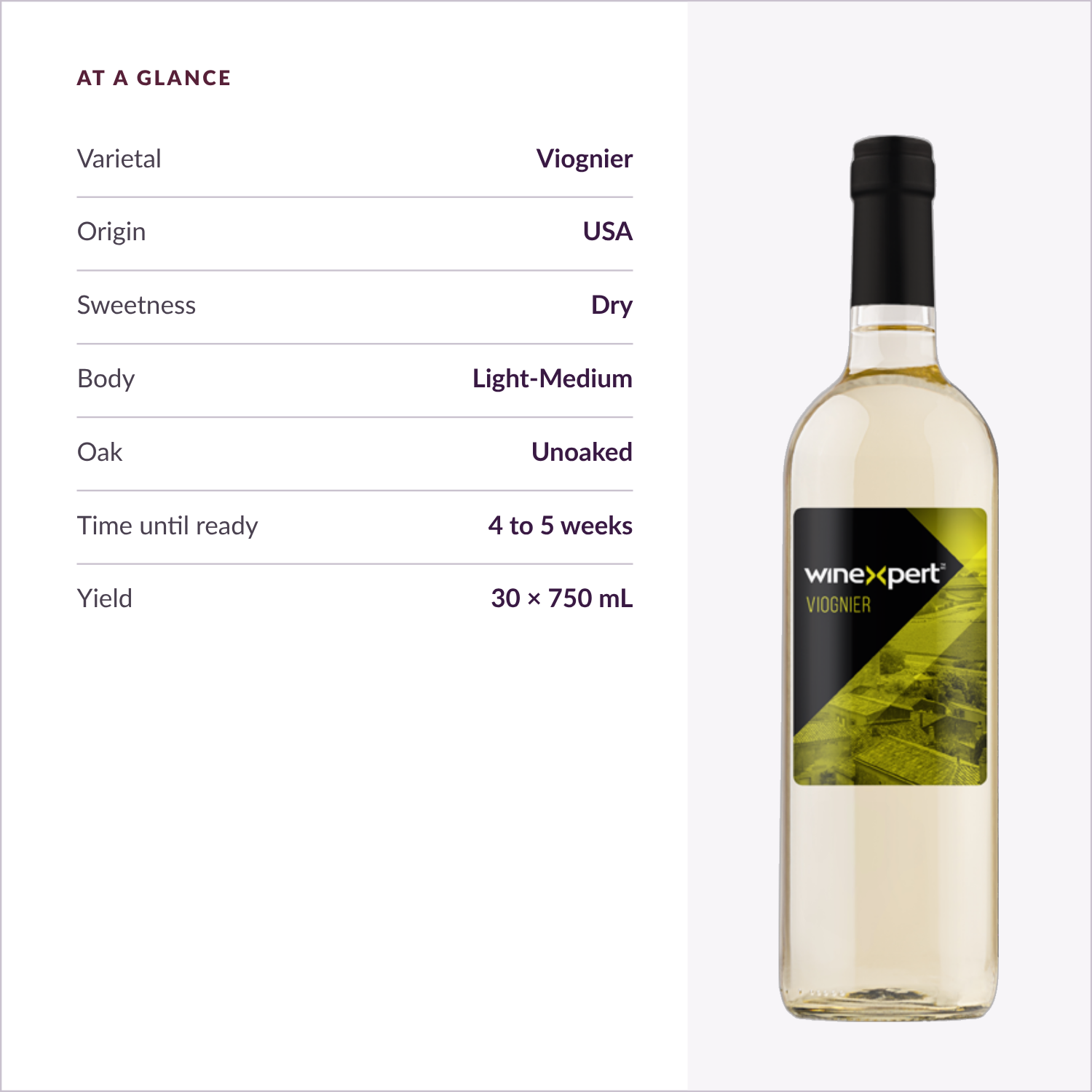 Winexpert Classic Viognier wine kit — at-a-glance spec card, Water'n'Wine Truro