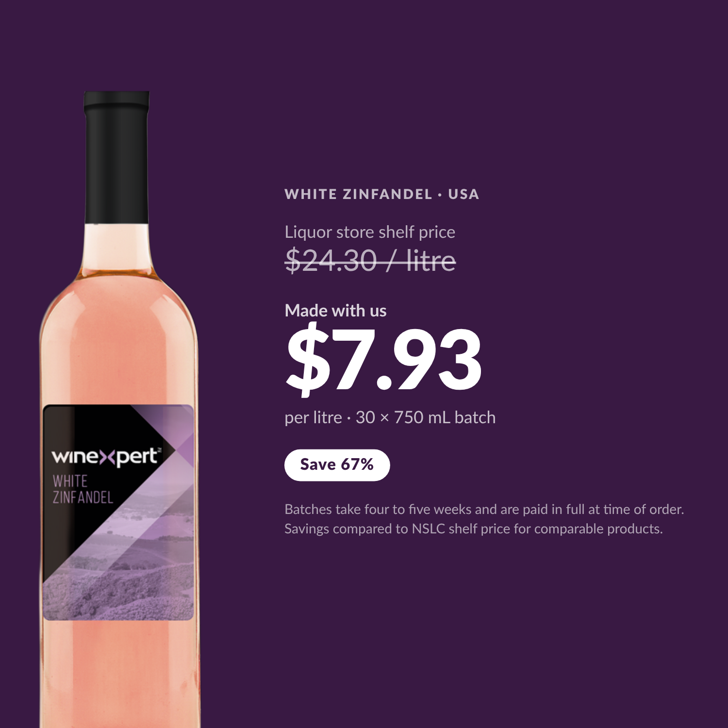 Winexpert Classic White Zinfandel wine kit — per-litre savings vs liquor store shelf price, Water'n'Wine Truro