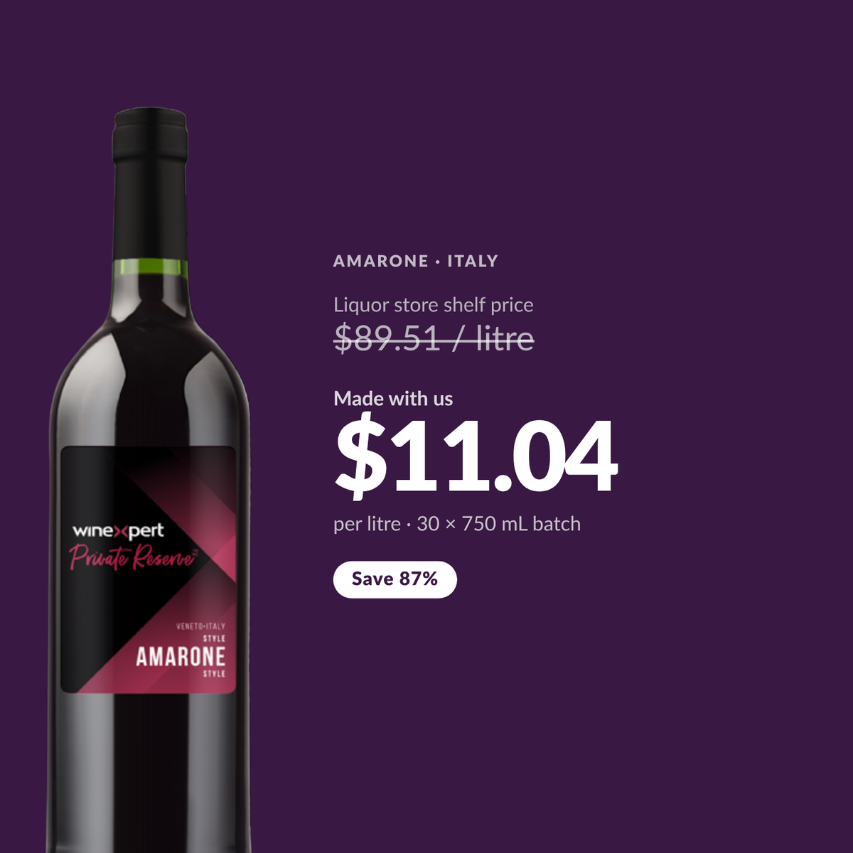 Winexpert Private Reserve Amarone costs about $11.04 per litre made at Water'n'Wine, against a liquor store shelf price of $89.51 per litre - a saving of 87%