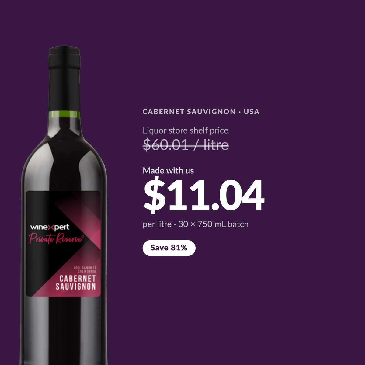 Winexpert Private Reserve Cabernet Sauvignon costs about $11.04 per litre made at Water'n'Wine, against a liquor store shelf price of $60.01 per litre - a saving of 81%