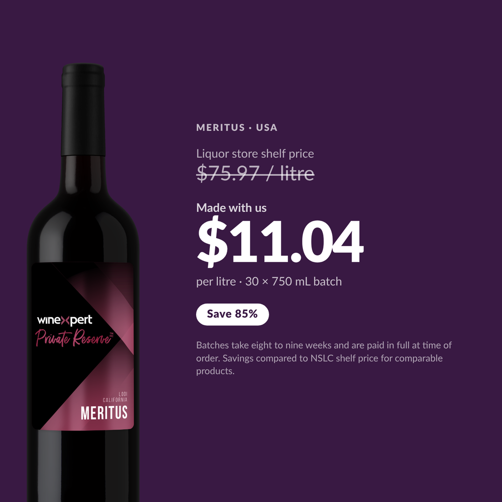 Winexpert Private Reserve Meritus — $11.04 per litre, save 85%