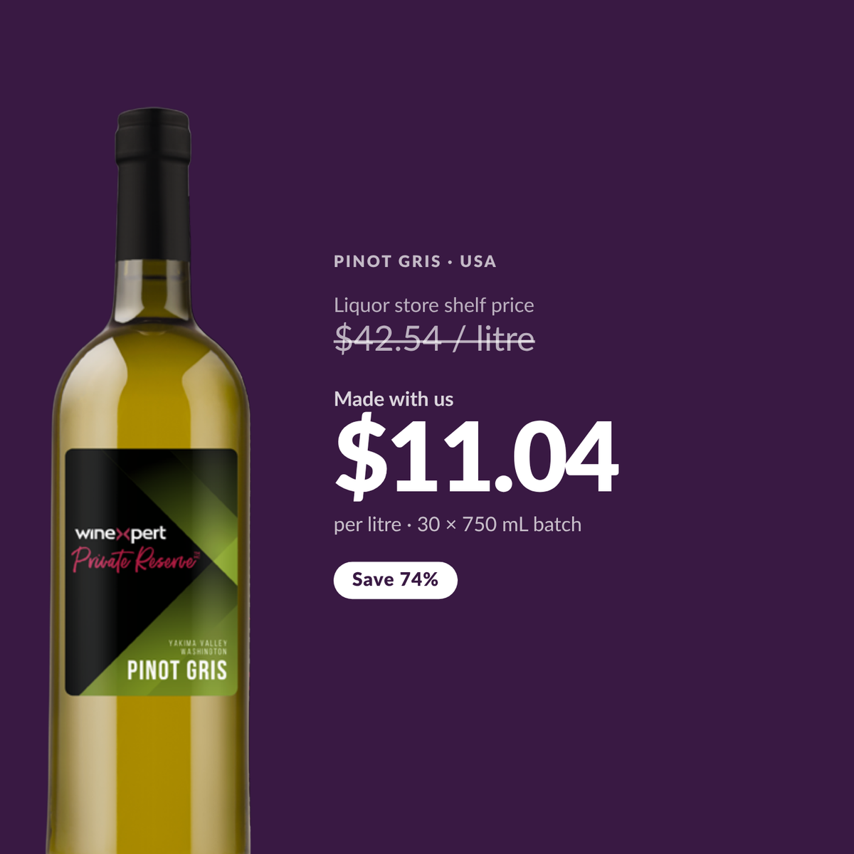 Winexpert Private Reserve Pinot Gris costs about $11.04 per litre made at Water'n'Wine, against a liquor store shelf price of $42.54 per litre - a saving of 74%