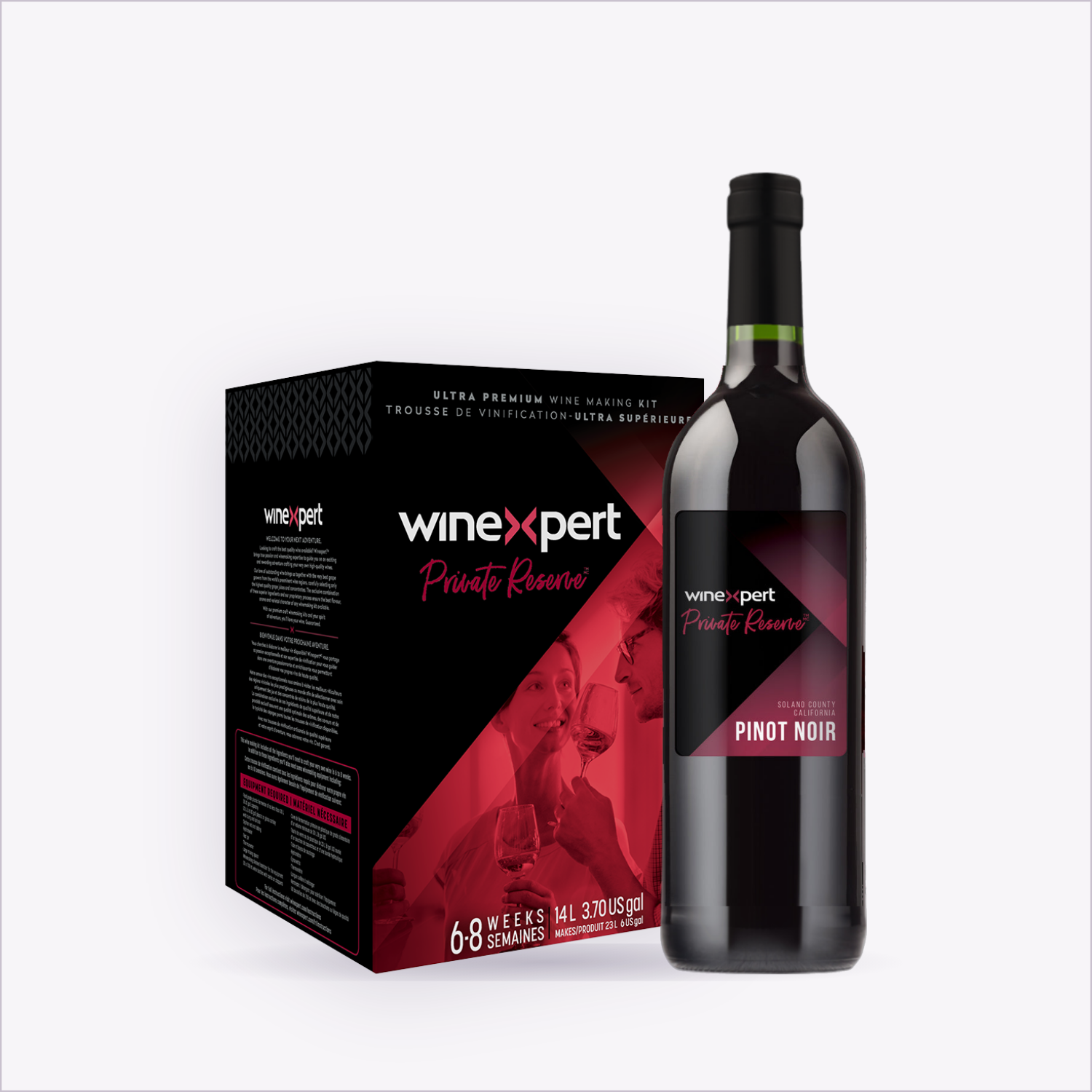 Winexpert Private Reserve Pinot Noir — wine kit and finished bottle