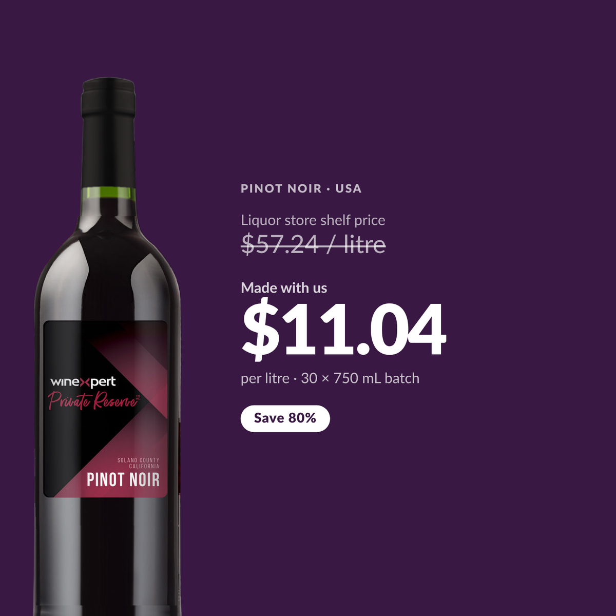 Winexpert Private Reserve Pinot Noir costs about $11.04 per litre made at Water'n'Wine, against a liquor store shelf price of $57.24 per litre - a saving of 80%
