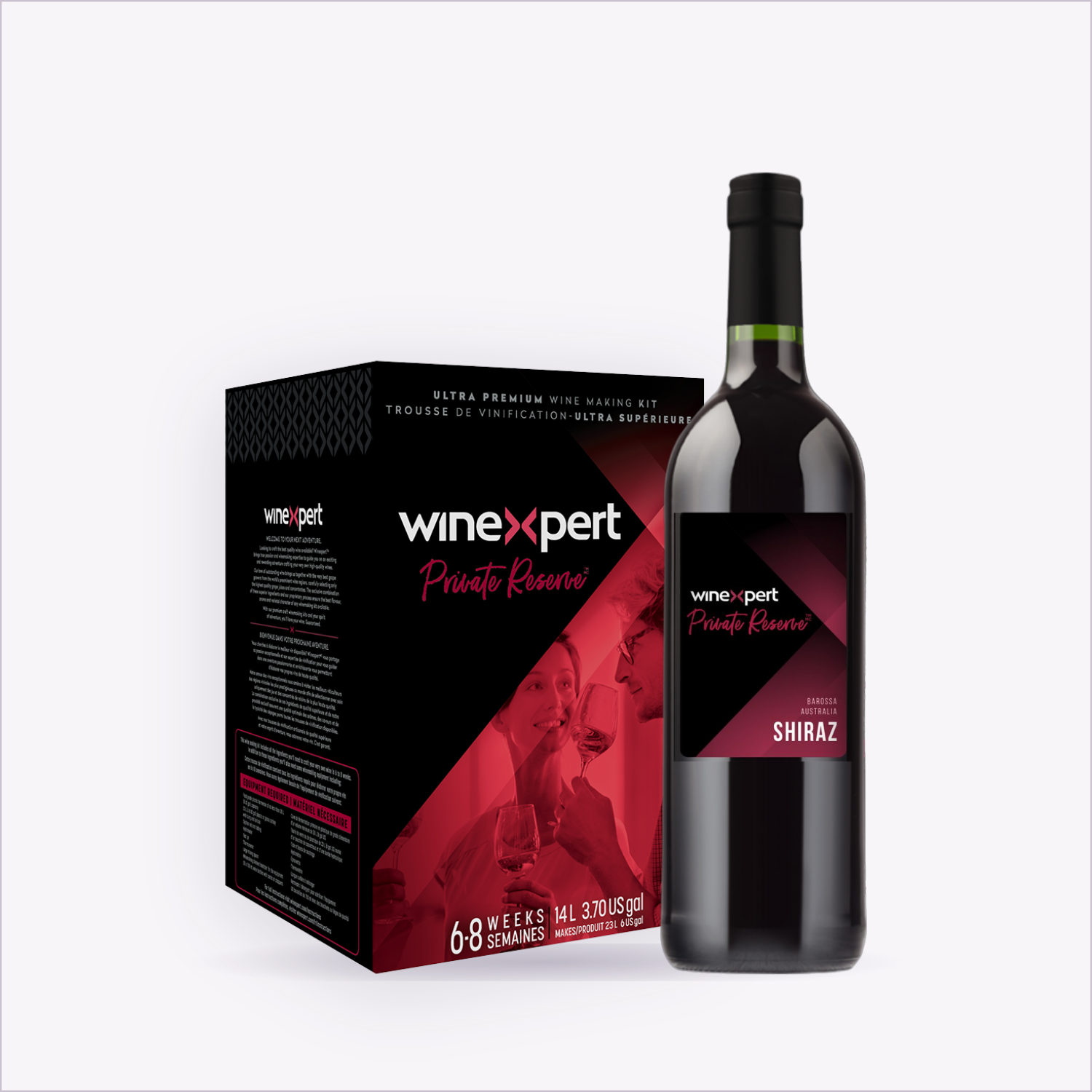Winexpert Private Reserve Shiraz — wine kit and finished bottle