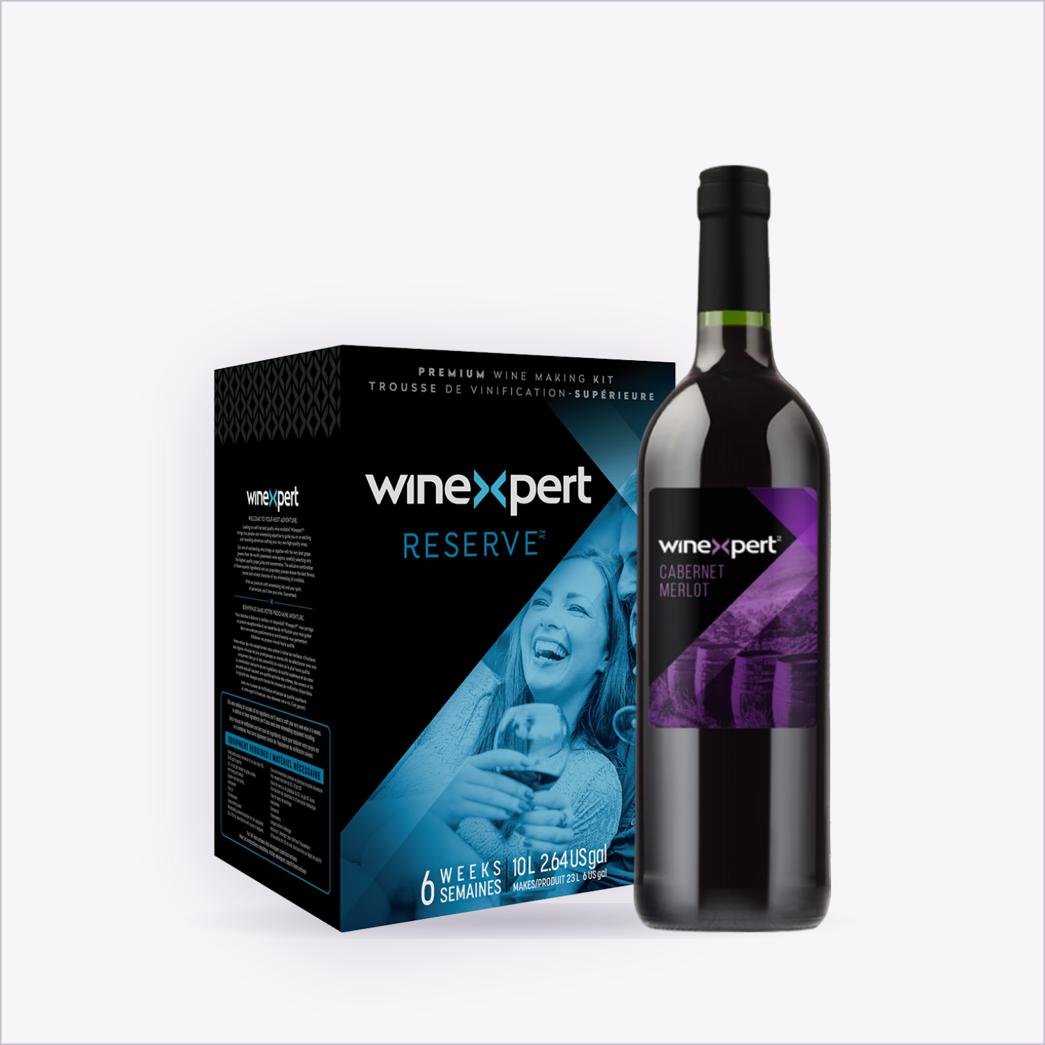 Winexpert Reserve Cabernet Merlot — wine kit box and finished bottle