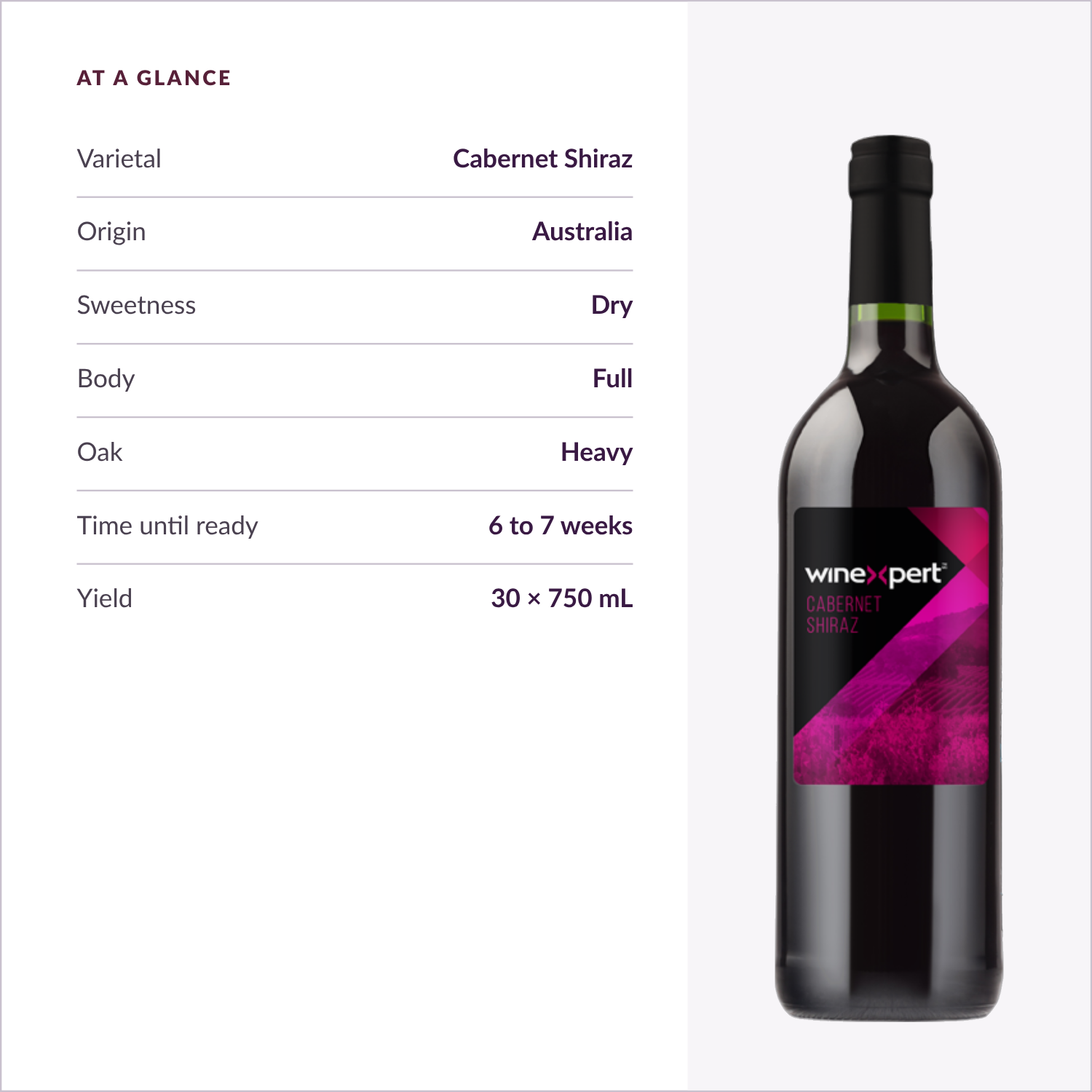 Winexpert Reserve Cabernet Shiraz — at a glance: varietal, origin, sweetness, body, oak, time, yield