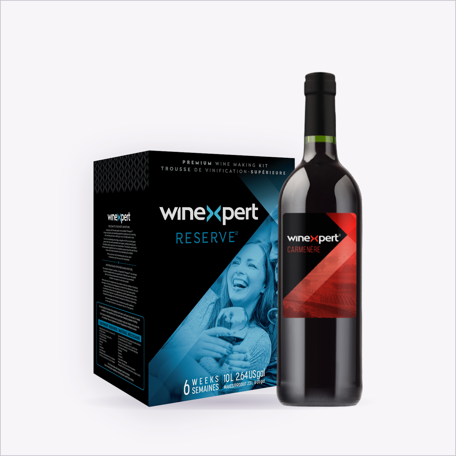 Winexpert Reserve Carménère — wine kit box and finished bottle