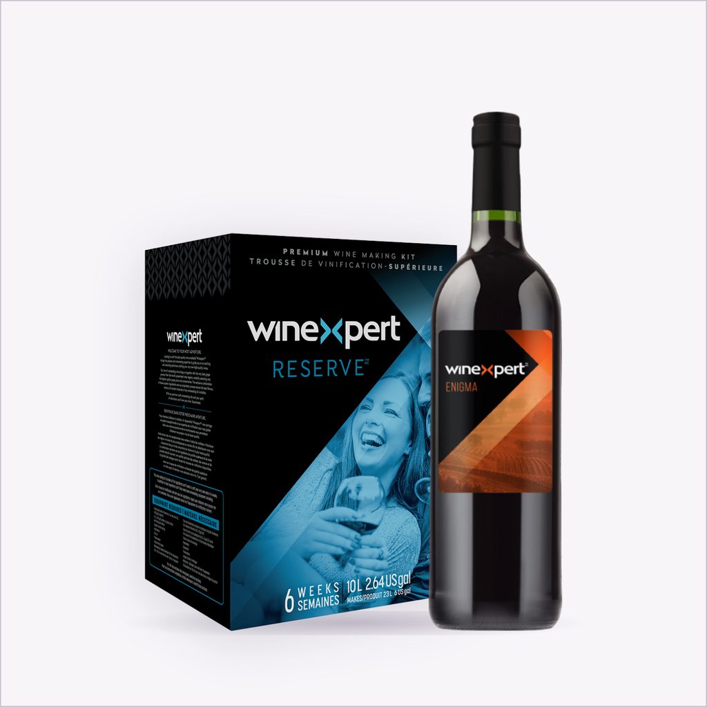 Winexpert Reserve Enigma — wine kit box and finished bottle