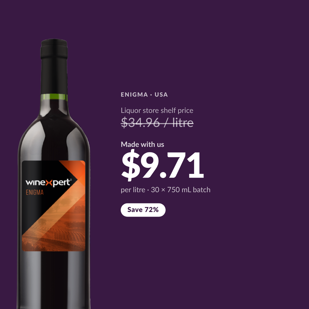 Winexpert Reserve Enigma costs about $9.71 per litre made at Water'n'Wine, against a liquor store shelf price of $34.96 per litre - a saving of 72%